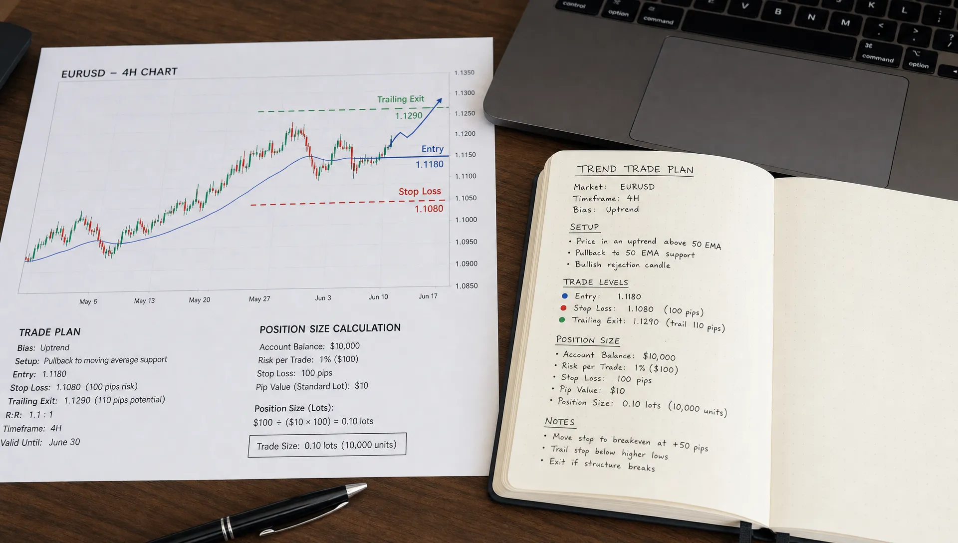 A printed chart and trading notebook show a trend trade plan with entry, stop, trailing exit, and position-size notes beside a laptop.