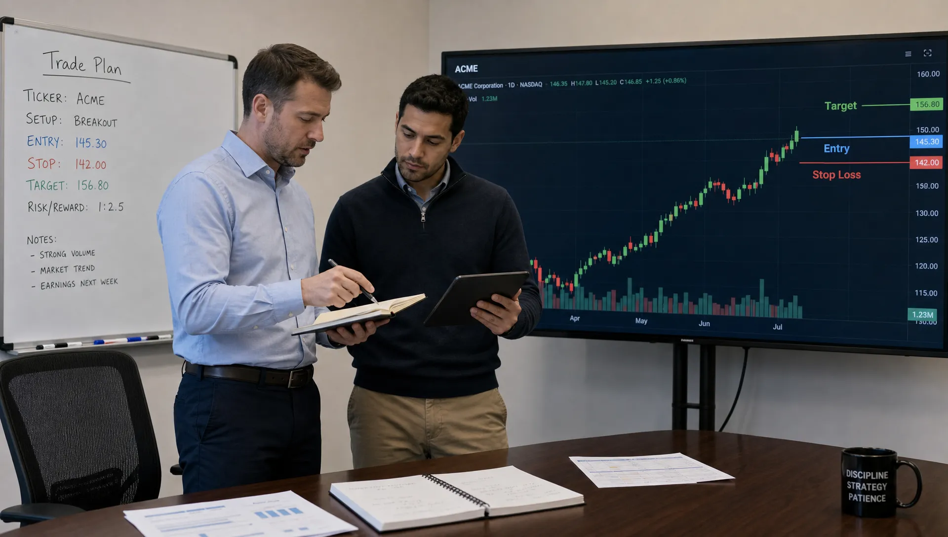 Two investors review a stock trend trade plan beside a chart screen in a meeting room.