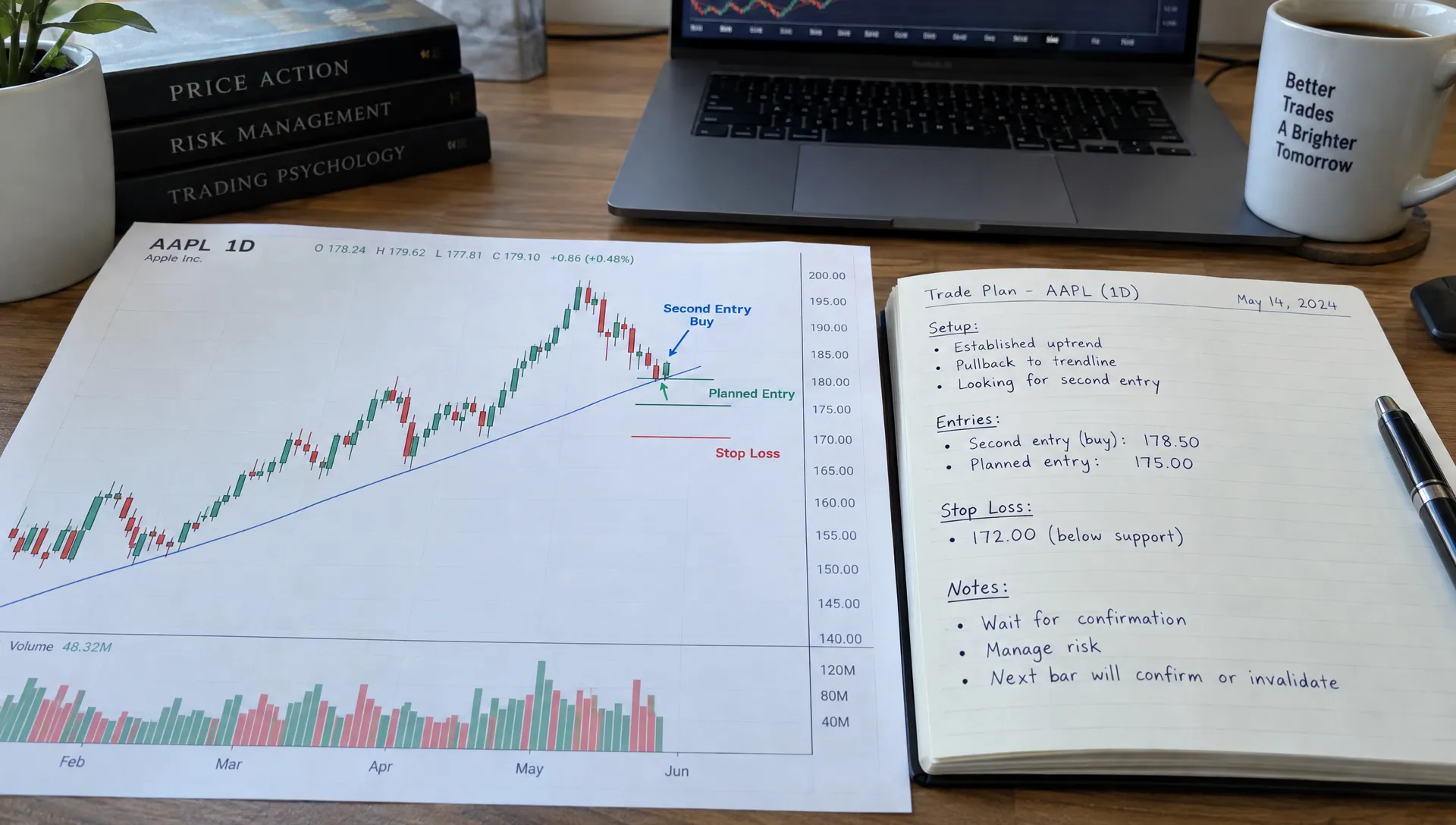 A marked candlestick chart and open notebook record an uptrend pullback, second-entry signal, planned entry and protective stop for trading price action Al Brooks.