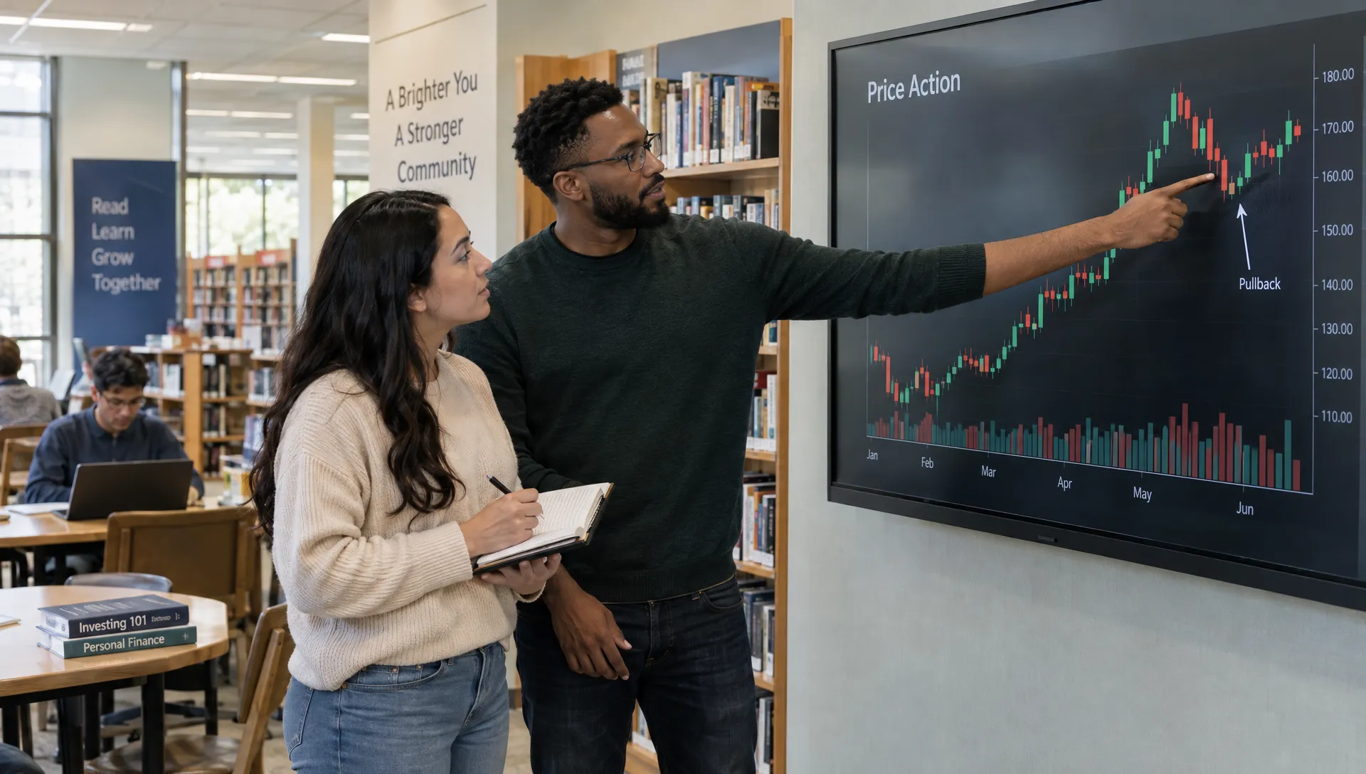 Two adult learners discuss a pullback on a candlestick chart during a price-action study session.