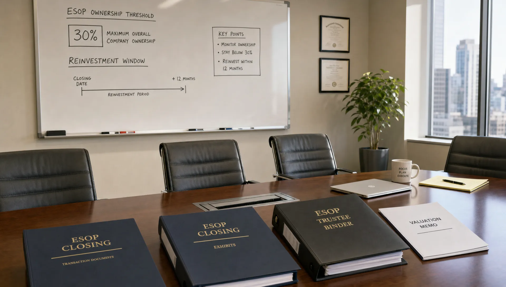 A conference room table holds ESOP folders, a valuation memo, and notes about the 30% ownership rule.