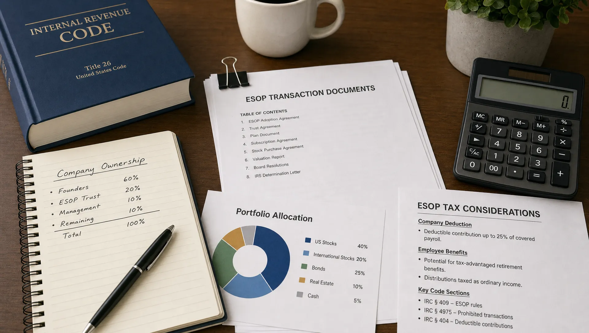 A desk with ESOP transaction documents, a tax code book, a calculator, company ownership notes, and a simple portfolio allocation chart.