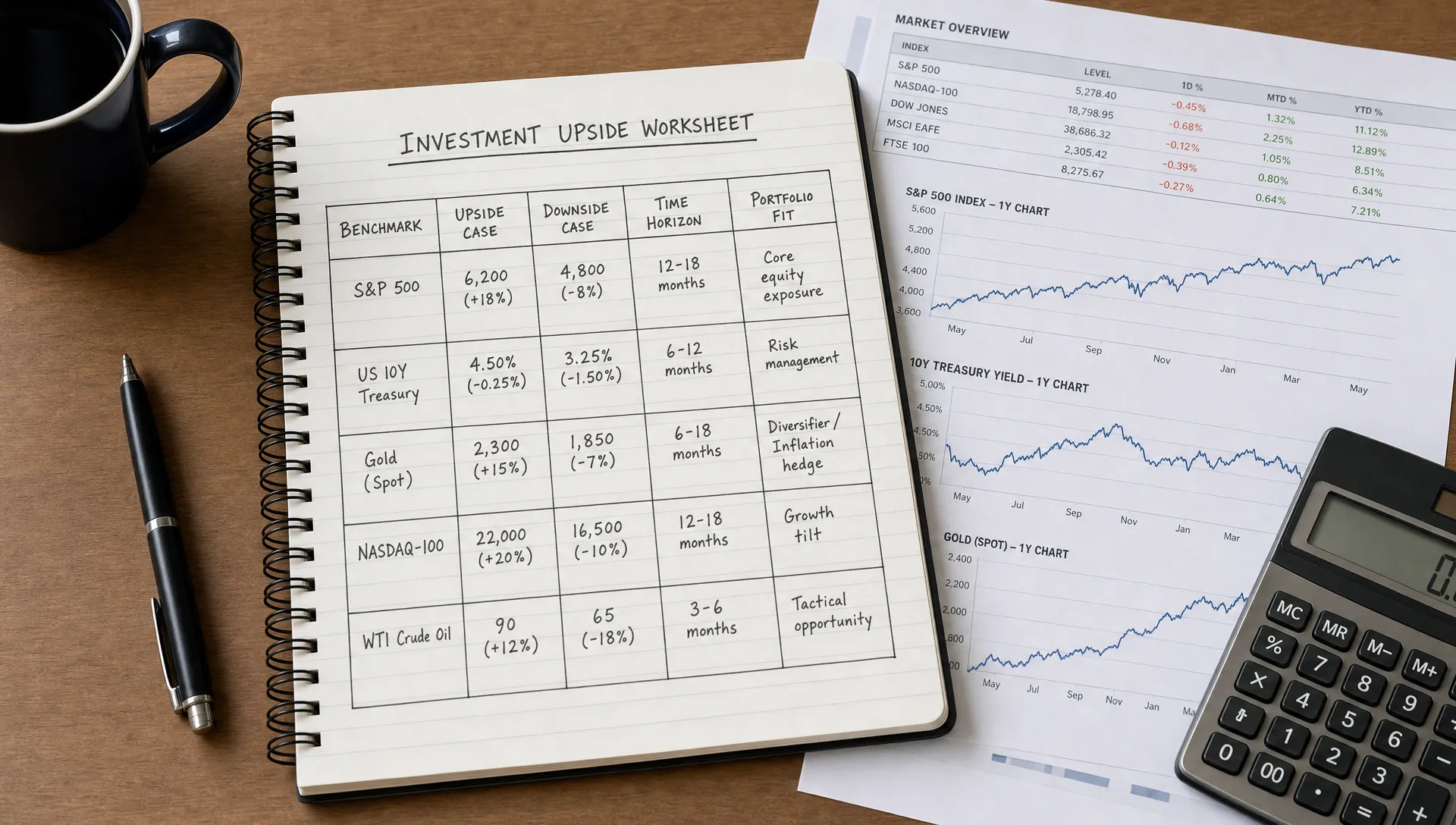 A notebook on a table showing an investment upside worksheet with columns for benchmark, upside case, downside case, time horizon, and portfolio fit, beside printed market charts and a calculator.