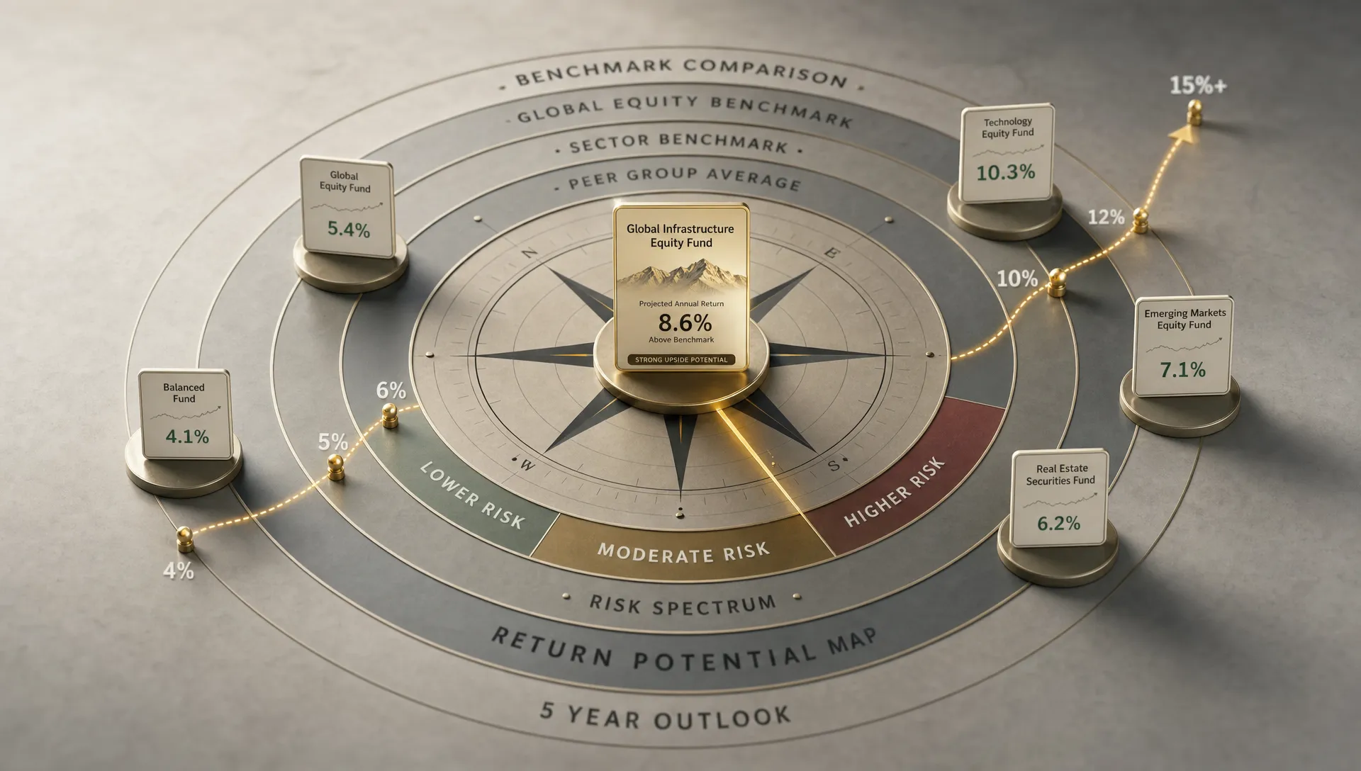 A wide conceptual scene of an investment decision compass made from layered benchmark rings, risk markers, and a forward-looking return path map hovering above a clean neutral surface, with one highlighted asset card at the center and small comparison markers around it to show upside in context. No people are present; the composition feels analytical and symbolic, with a single hero focal point and an environment that is distinct from a desk review or portfolio dashboard.