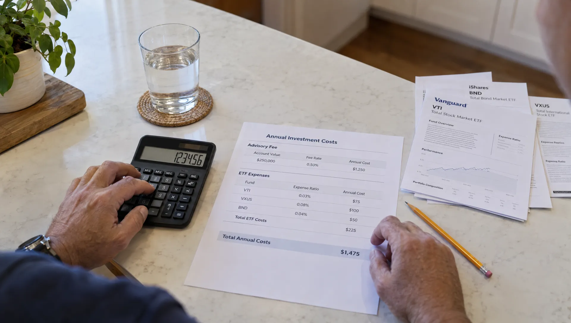 Hands calculate robo-advisor fees alongside ETF fund expense details at a kitchen counter.
