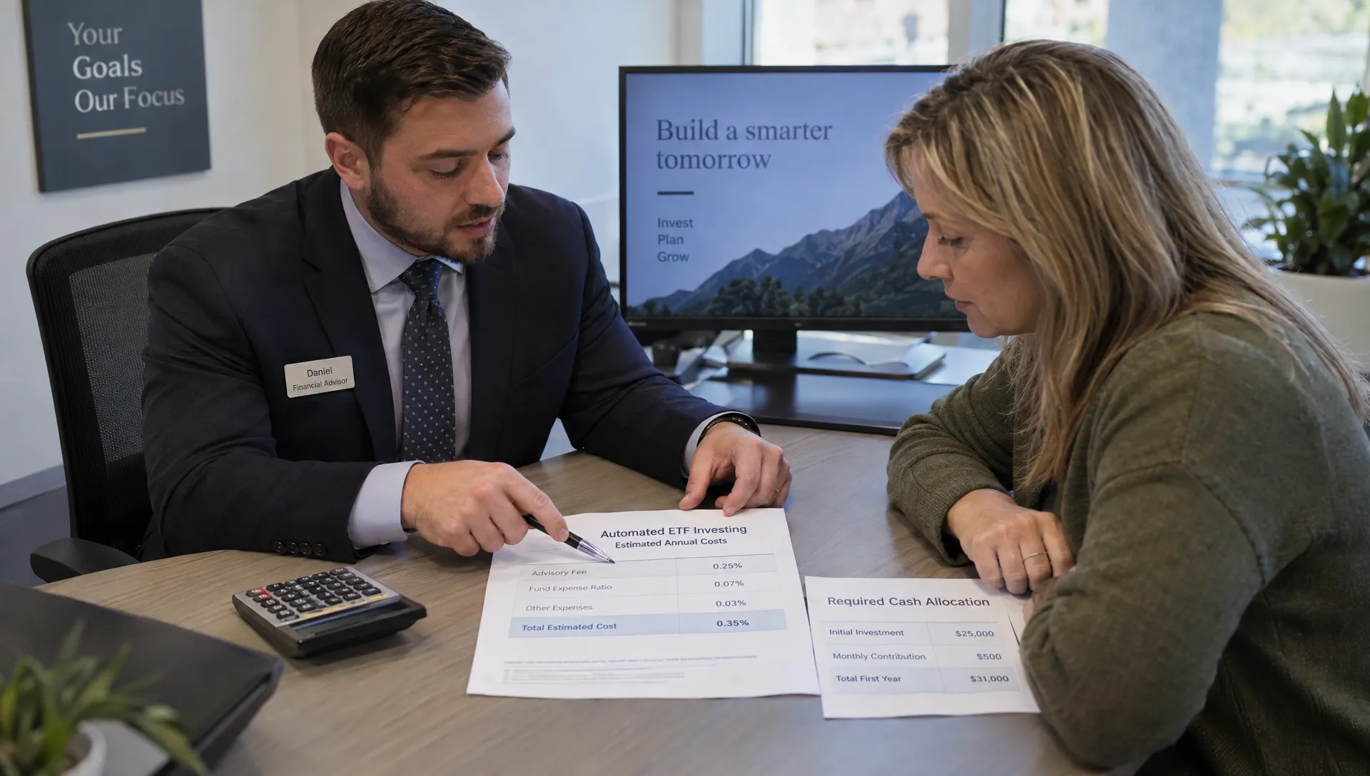 An adviser and client review a robo investing comparison worksheet with fees, fund expenses, and required cash allocations.
