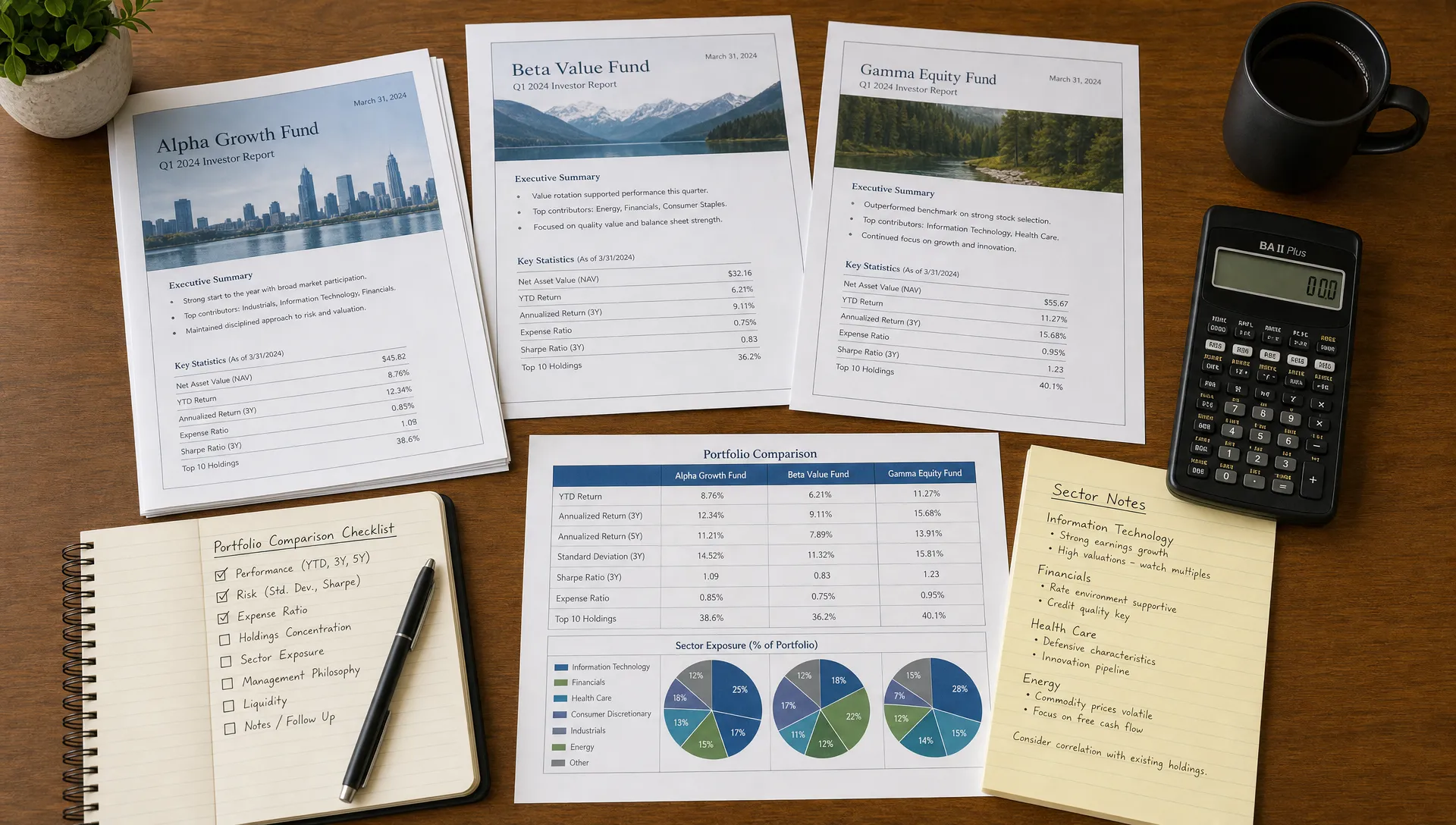 A desk with printed investment research reports, a notebook checklist, a calculator, and sector notes arranged for portfolio comparison.