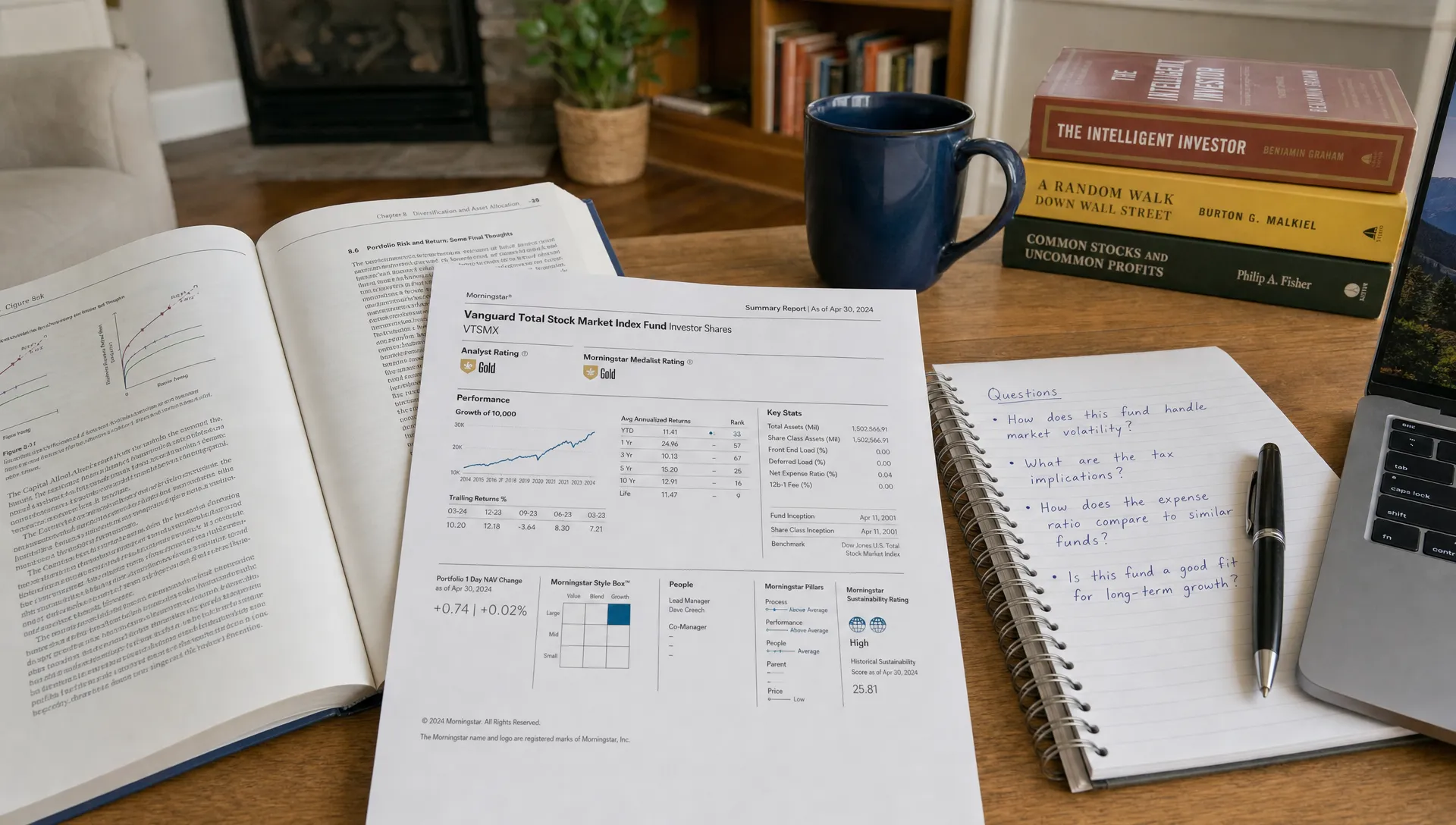 An open investing book sits beside a fund summary, a notepad, and a pen as someone reviews Morningstar research.