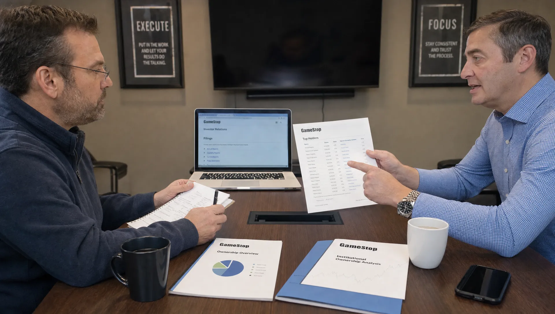 Two investors review a GameStop ownership report and discuss the holder list.