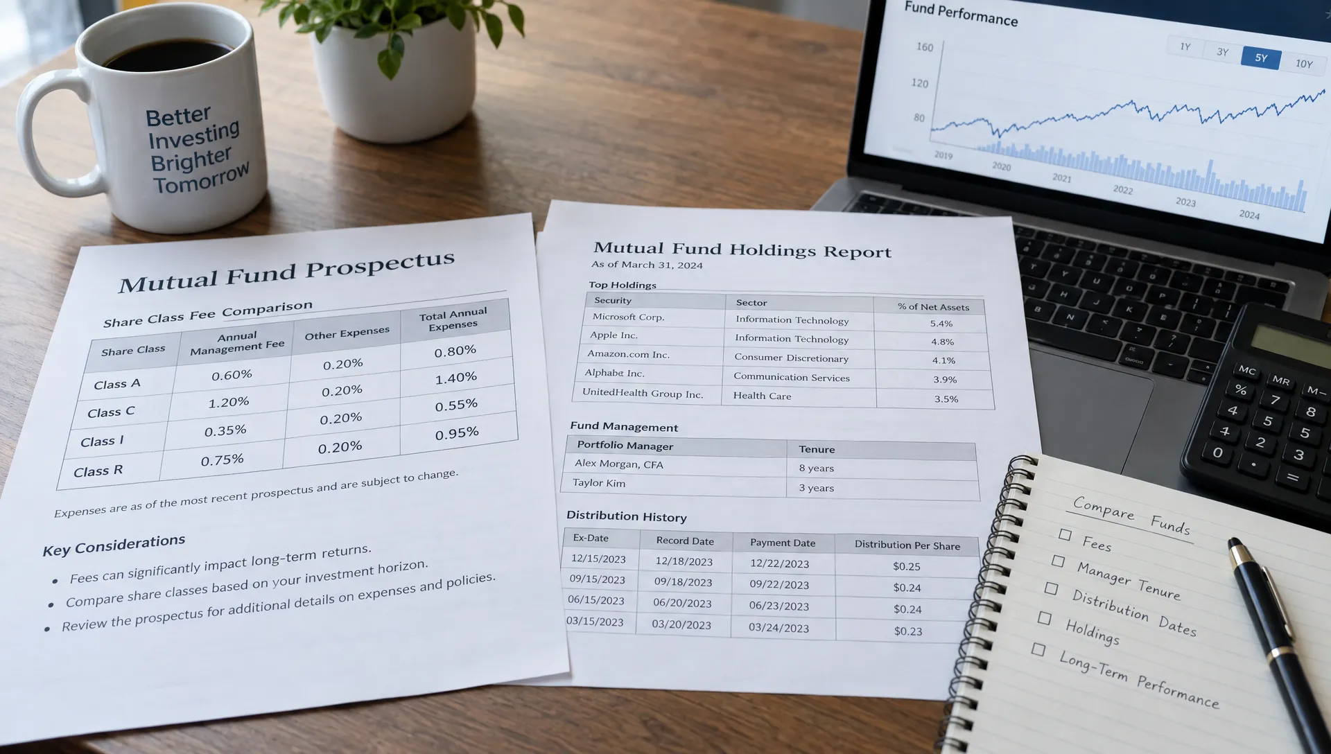 A prospectus fee table, dated holdings report and notebook are arranged on a desk for comparing mutual fund share classes, manager tenure and distribution dates.