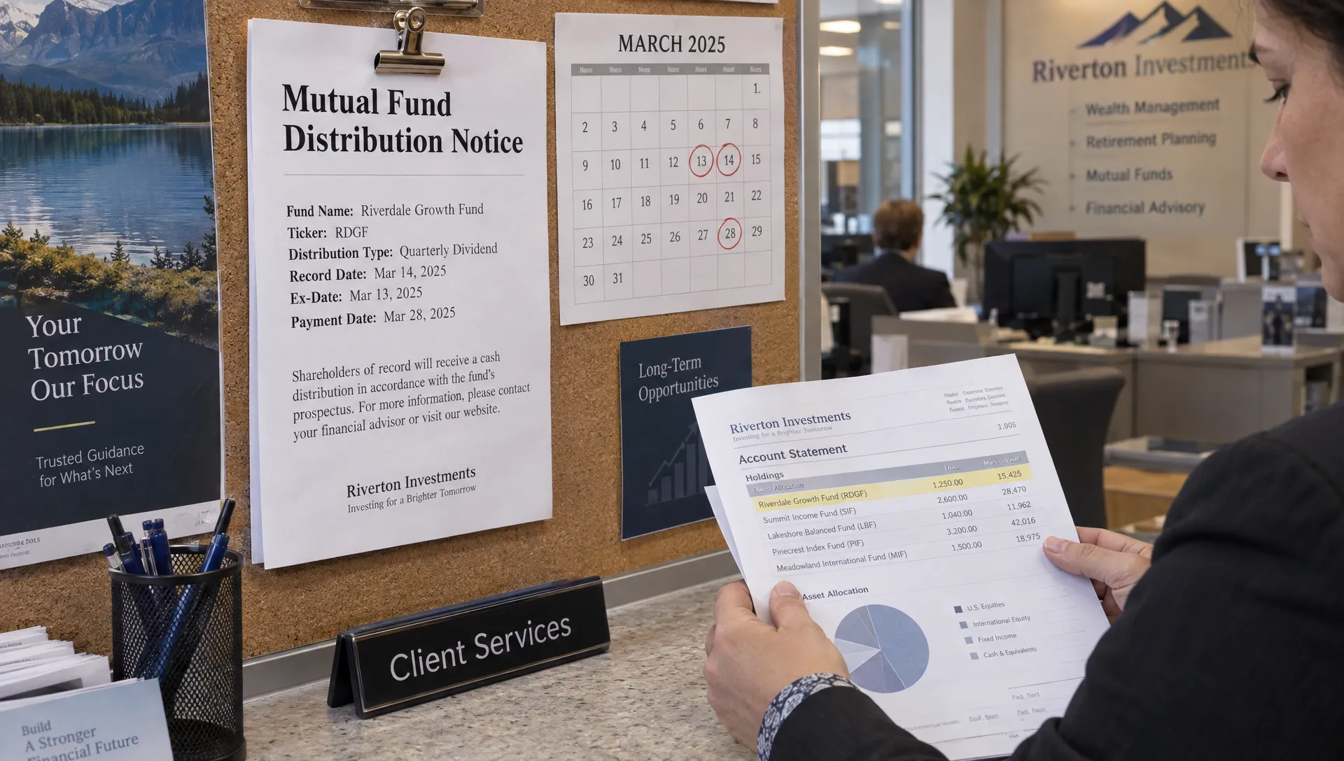 A fund distribution notice and statement are checked at a brokerage counter, highlighting dates that can matter when assessing mutual fund taxes.