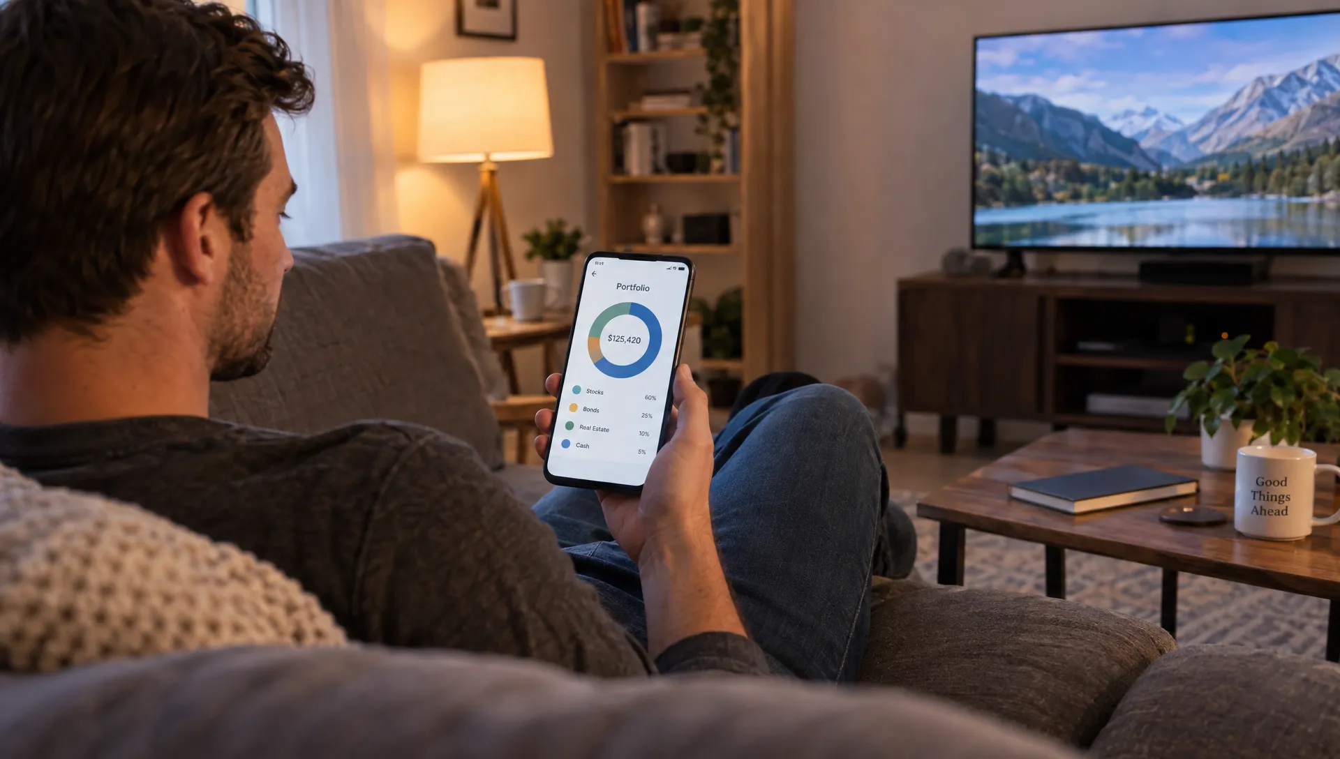 An investor checks portfolio allocations on a phone at home while considering how a stock fits existing holdings.