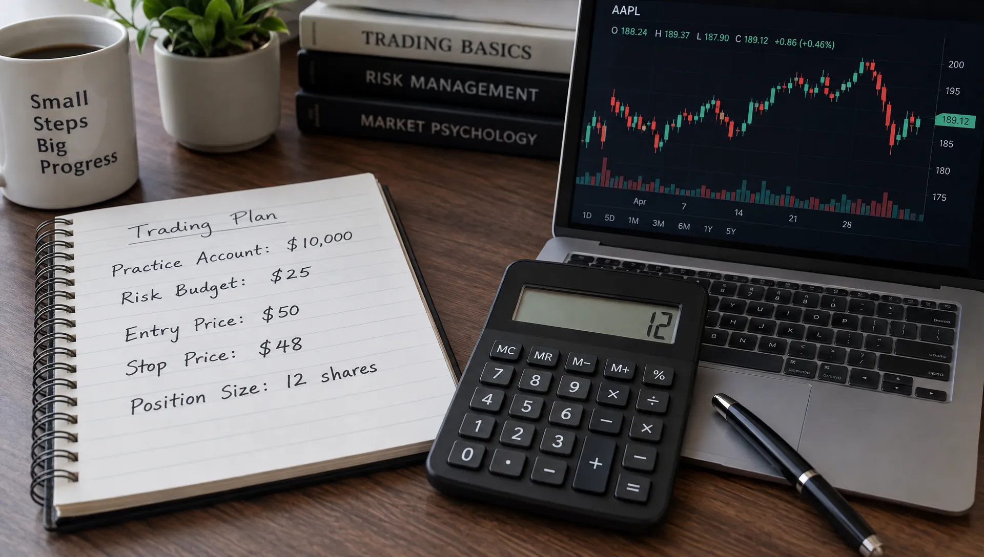 A notebook lays out a $10,000 practice account, $25 risk budget, $50 entry, $48 stop, and 12-share position beside a calculator and daily price chart.