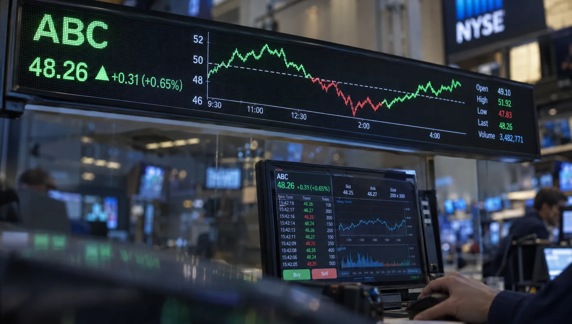 A market ticker shows a stock price moving below $48 support and back into a trading range capped near $52.