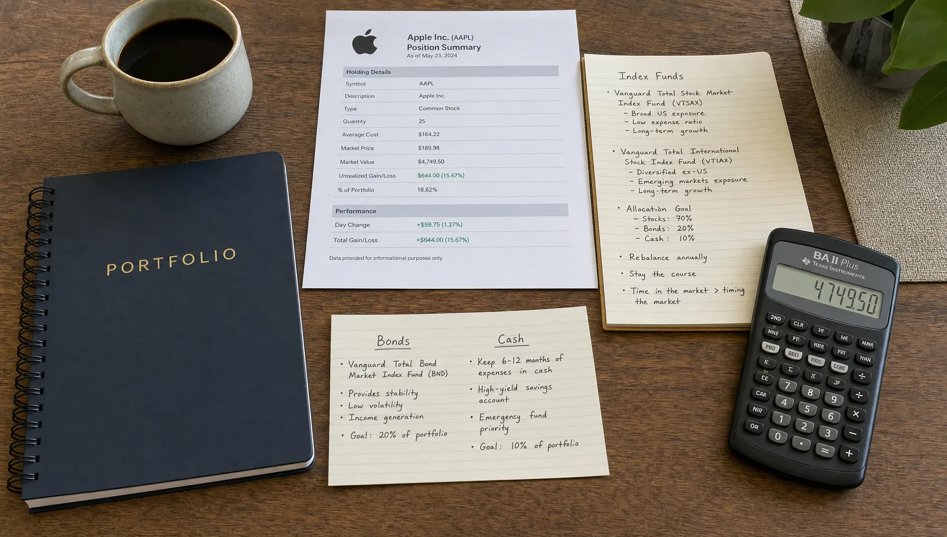 A portfolio notebook beside an Apple position summary, index fund notes, bonds, cash, and a calculator on a home table.