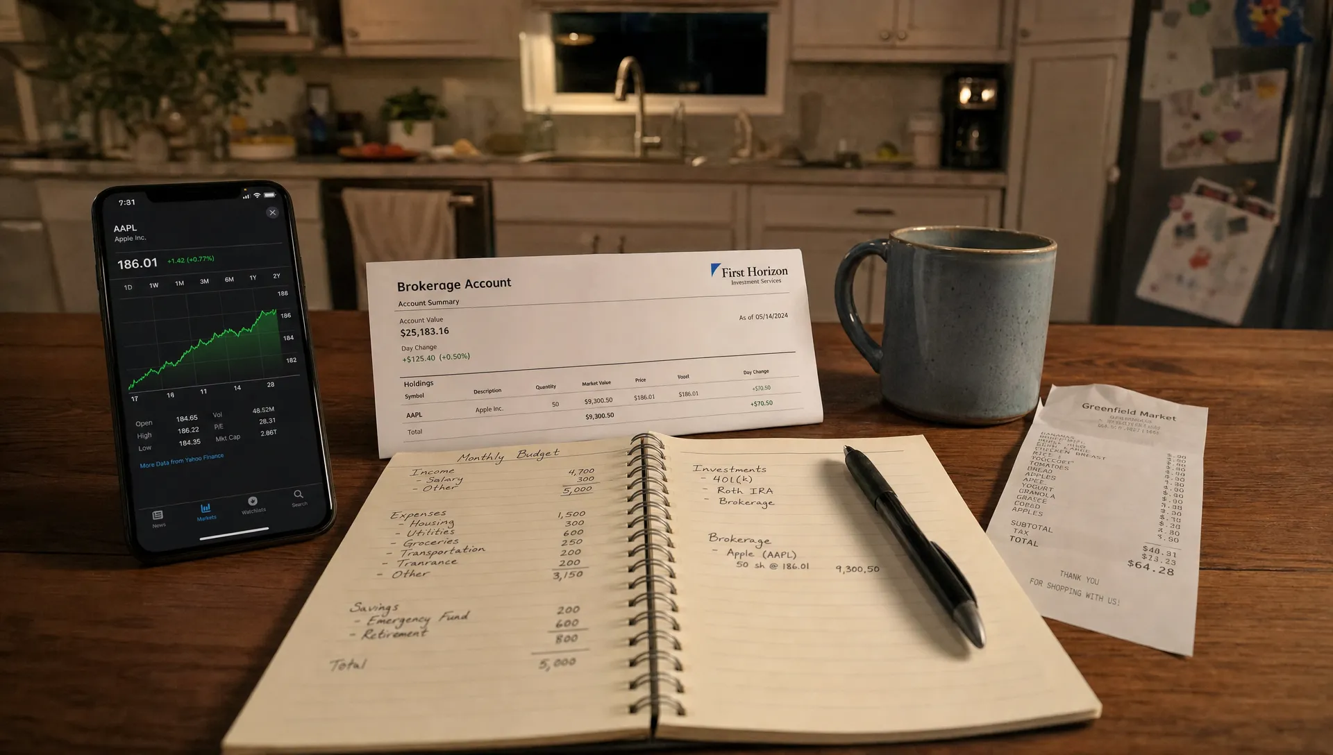 A kitchen table holds a phone, brokerage statement, and notebook during an Apple stock review.