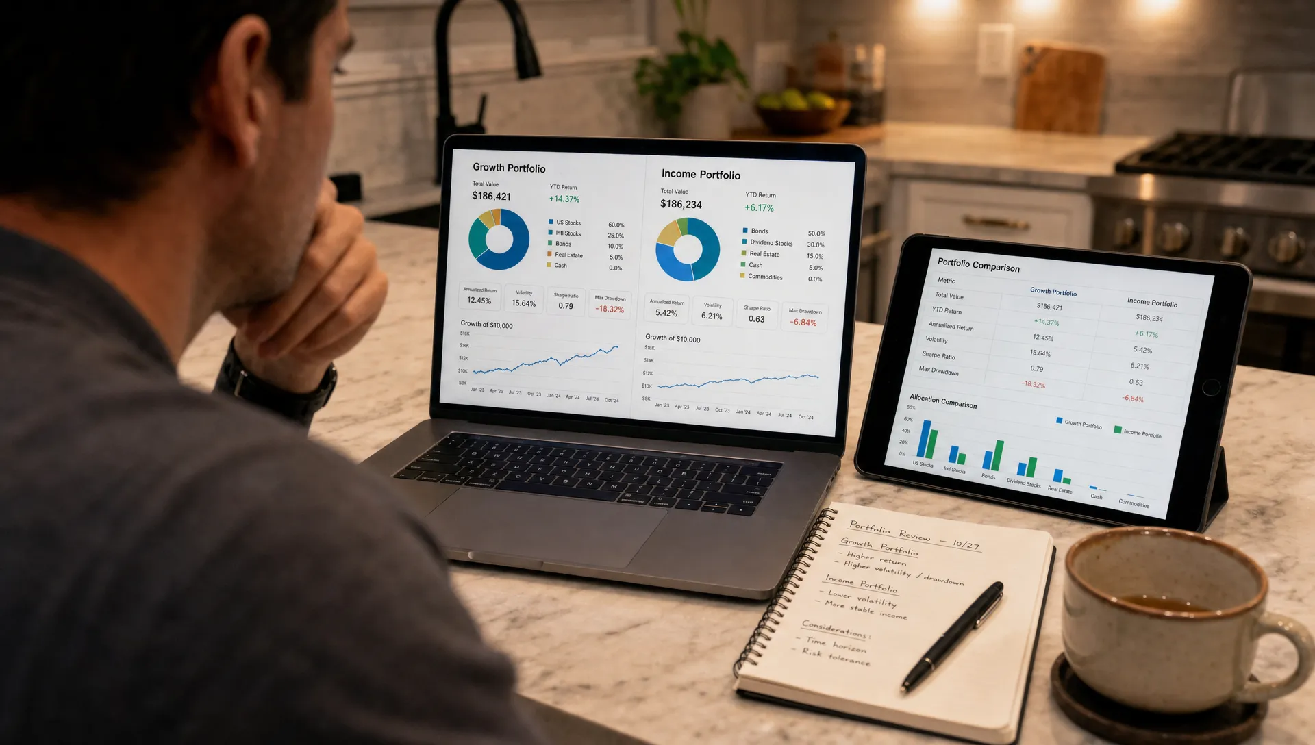 An investor compares portfolio screens at a kitchen counter while reviewing allocation and risk metrics.