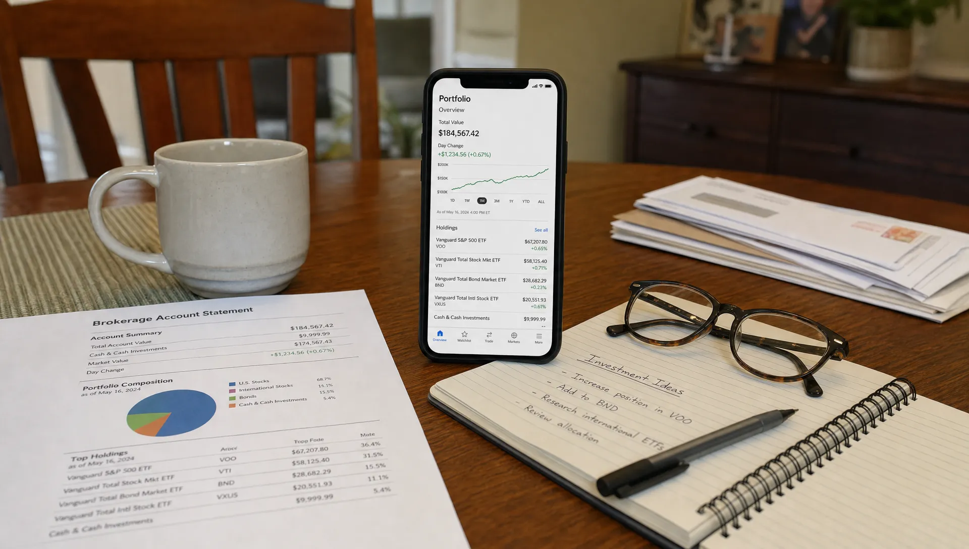 A home dining table holds a phone, brokerage statement, and notebook for checking Nasdaq exposure after dinner.