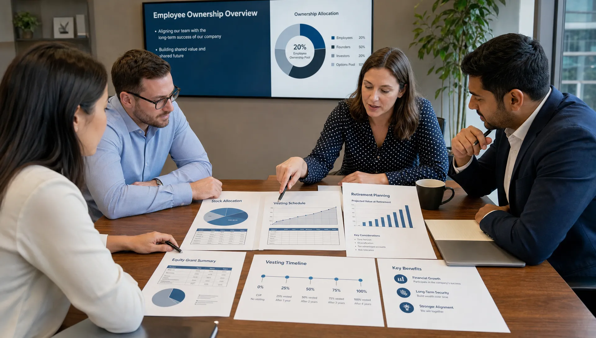 A small group of employees reviewing company ownership documents and financial charts around a conference table, with printed reports showing stock allocations, vesting timelines, and retirement planning notes.