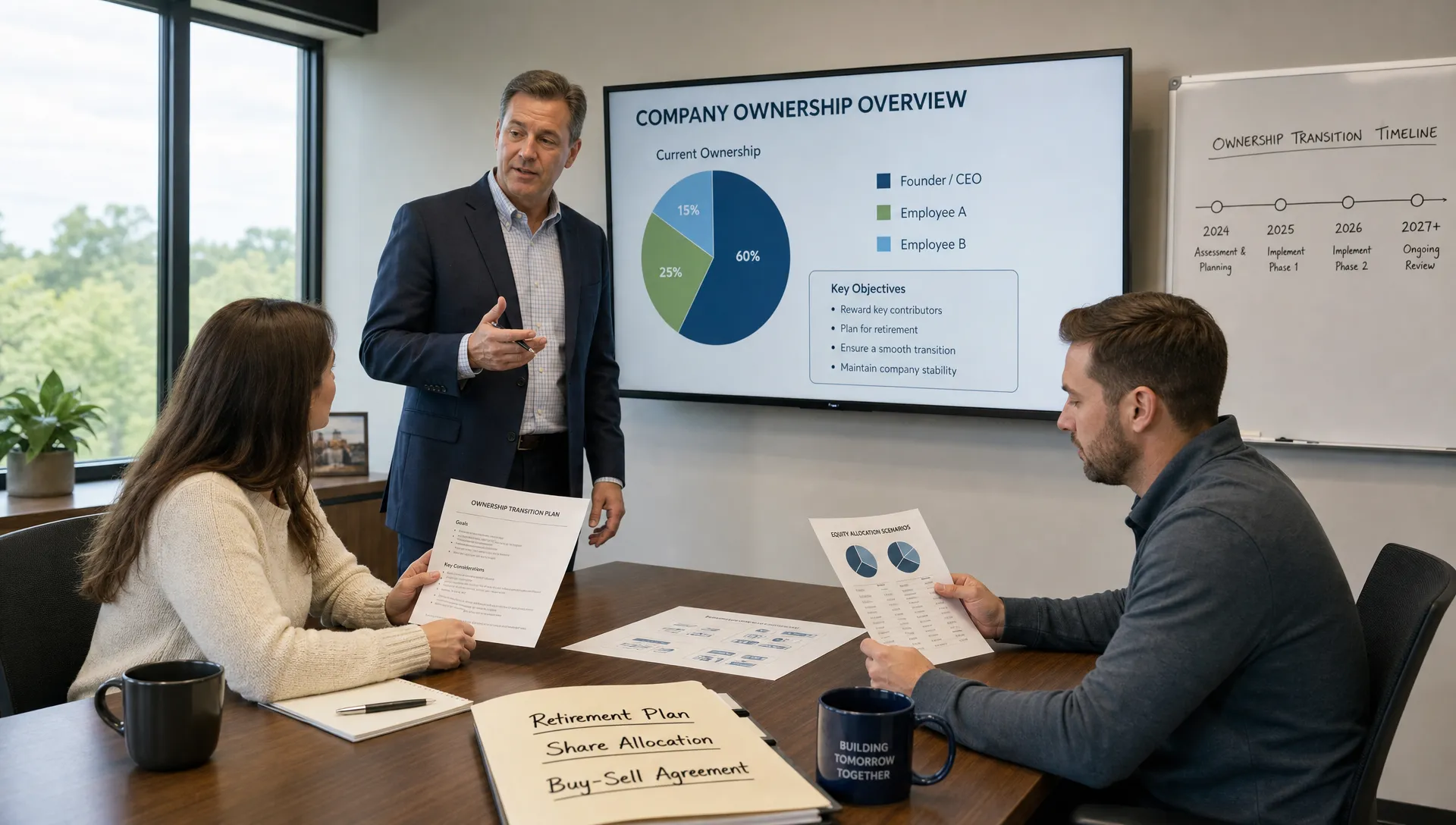 A wide conference-room scene showing a company ownership discussion with one advisor standing beside a wall-mounted chart, two employees looking at printed plan documents, and a folder labeled with retirement and share allocation notes on the table; the room includes a large window and a whiteboard with simple timeline markers, creating a clear business-planning context without a computer screen in view.