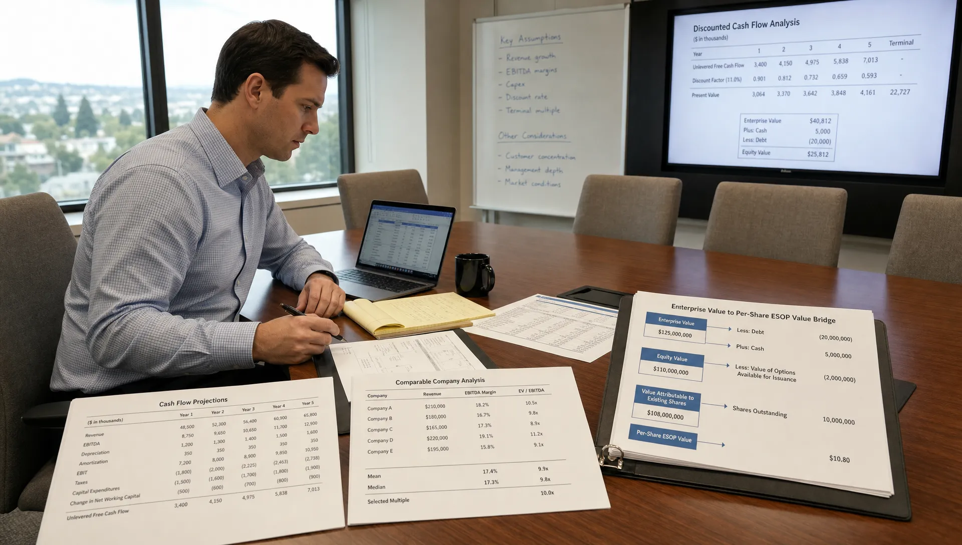 An independent valuation analyst reviewing private company financial statements, cash flow projections, and comparable company data at a conference table, with worksheets and a simple bridge showing how enterprise value converts into per-share ESOP value.