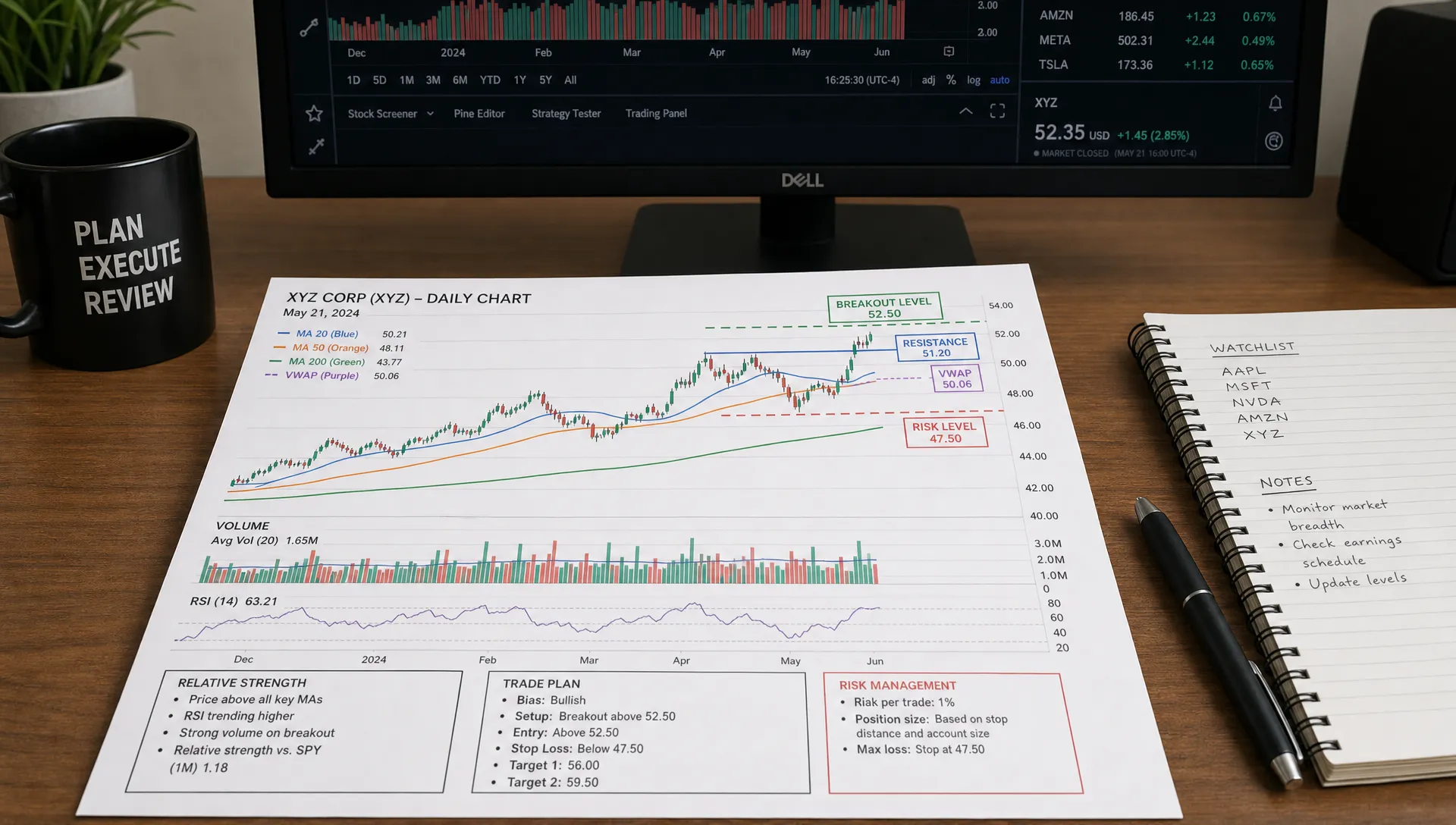 A clean trading desk with a printed stock chart marked with moving averages, breakout levels, volume bars, VWAP, relative strength notes, and risk levels, shown beside a monitor and notepad in an orderly indoor workspace.