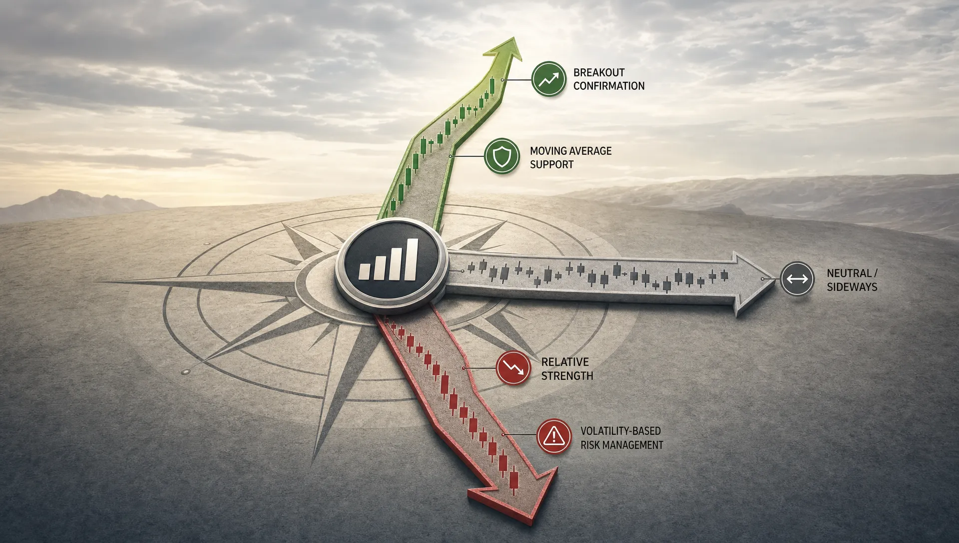 A wide conceptual scene of a simple market trend compass with one upward price path, one downward path, and a neutral sideways path radiating from a central stock icon, with a few clean markers for moving average support, breakout confirmation, relative strength, and volatility-based risk. No people are present; the composition should feel analytical and symbolic, with the trend decision as the hero idea in a neutral, uncluttered setting that is clearly different from an office desk or dashboard.