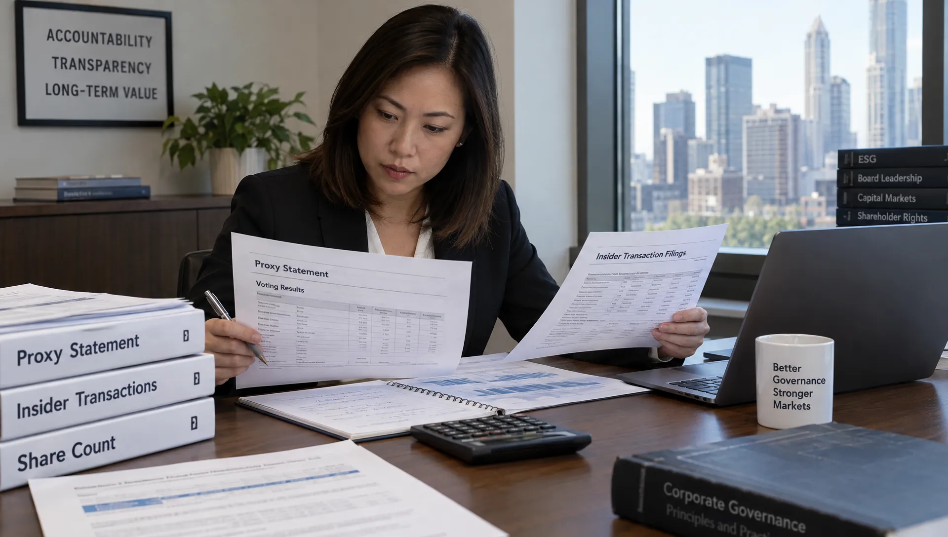 A corporate governance analyst compares proxy-statement voting details with insider transaction filings and share-count notes at a records table.