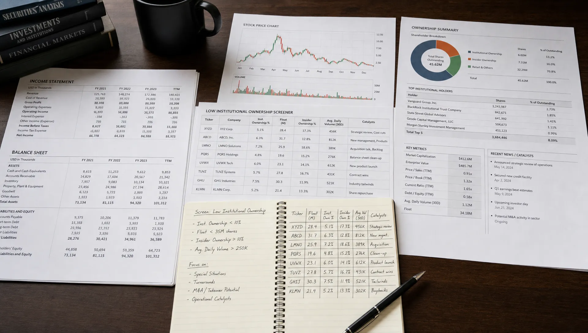A research desk with printed financial statements, stock charts, ownership tables, and a notebook comparing low institutional ownership stocks by float, insider ownership, liquidity, and catalysts.