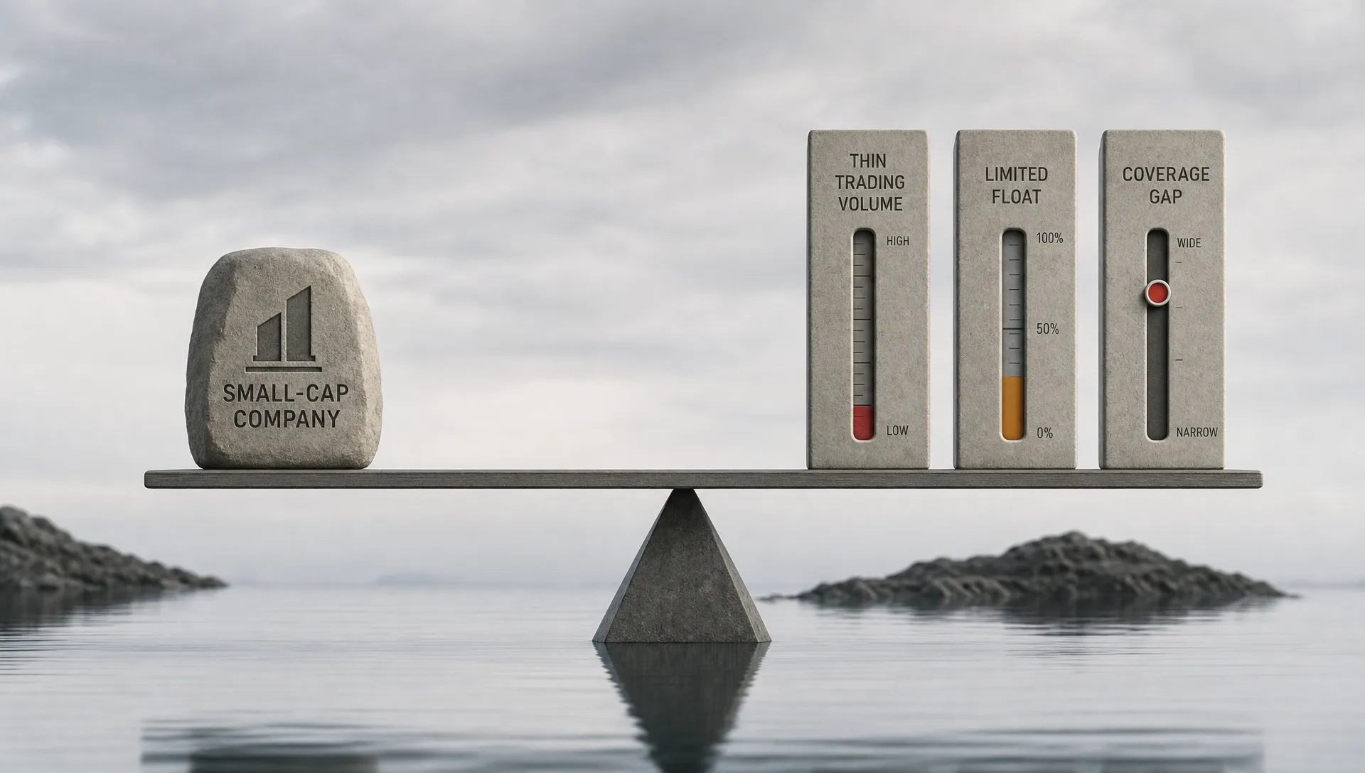 A wide conceptual scene of a small-cap stock being weighed against institutional skepticism, shown as a single company icon on one side of a clean split composition and a set of restrained barriers on the other side, including a thin trading-volume gauge, a float meter, and a coverage gap marker. No people are present; the scene should feel analytical and symbolic, with low ownership explained by liquidity and visibility constraints rather than a desk, office, or dashboard.