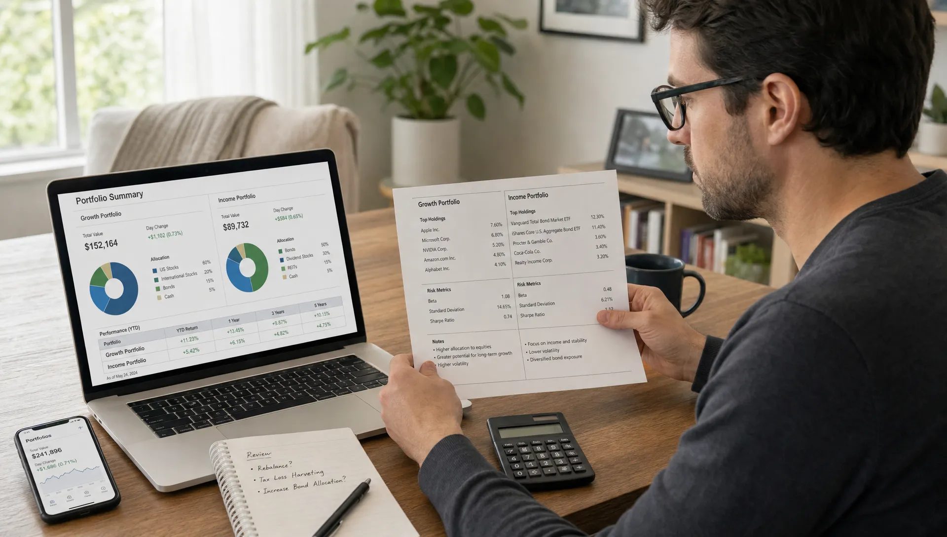 An investor compares two portfolios on a laptop and printed notes beside a calculator.