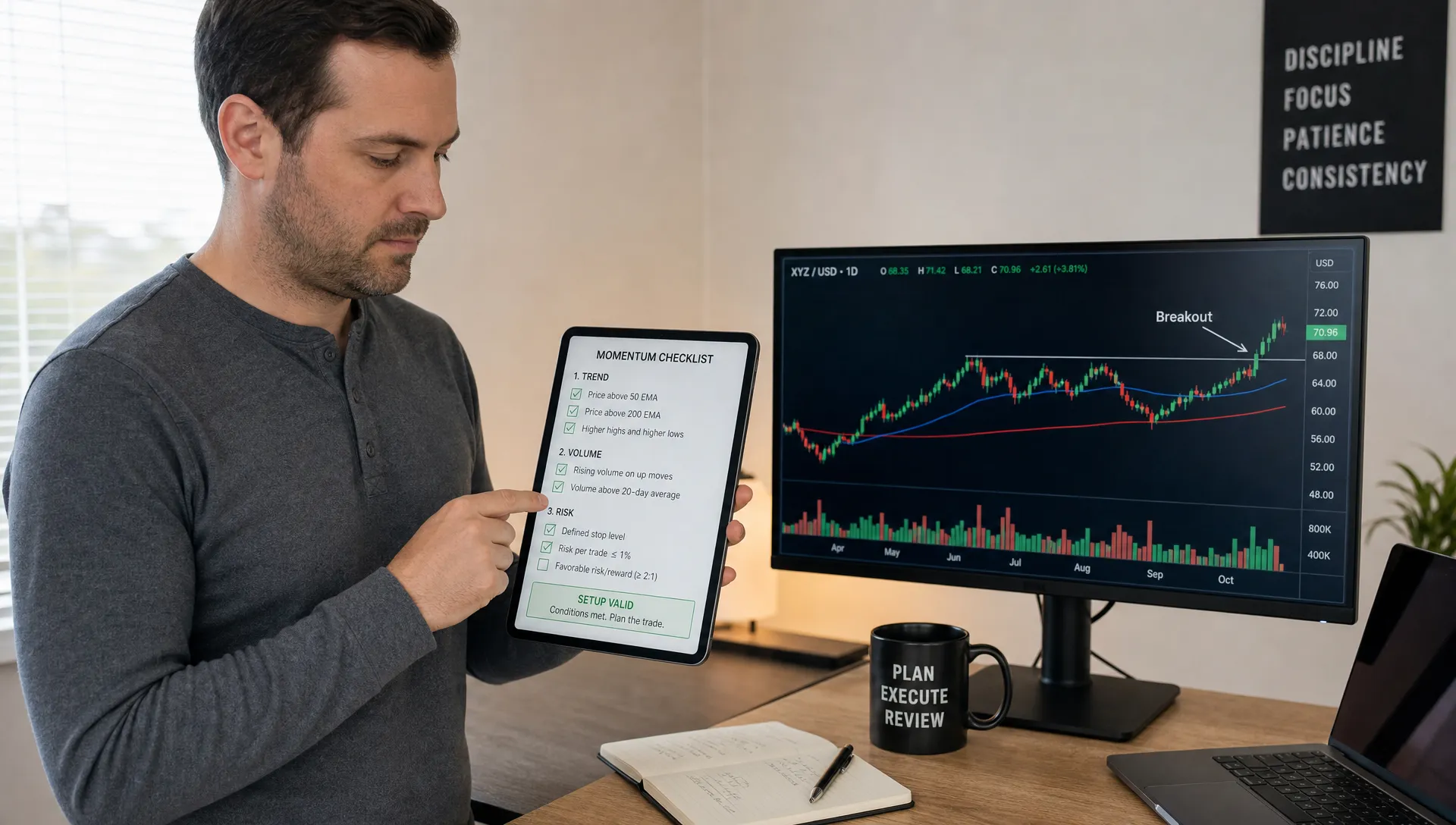 An adult trader reviews a momentum checklist beside a breakout chart before entering a trade.