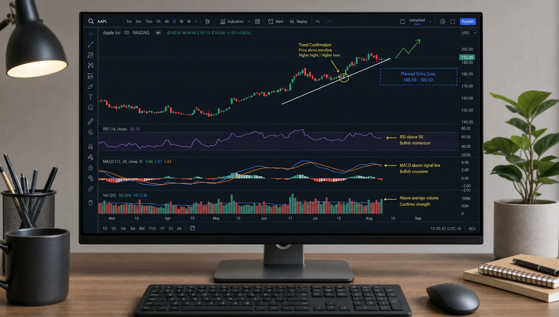A desktop monitor shows a candlestick chart with RSI, MACD, and volume panels, plus notes marking trend confirmation and a planned entry zone.
