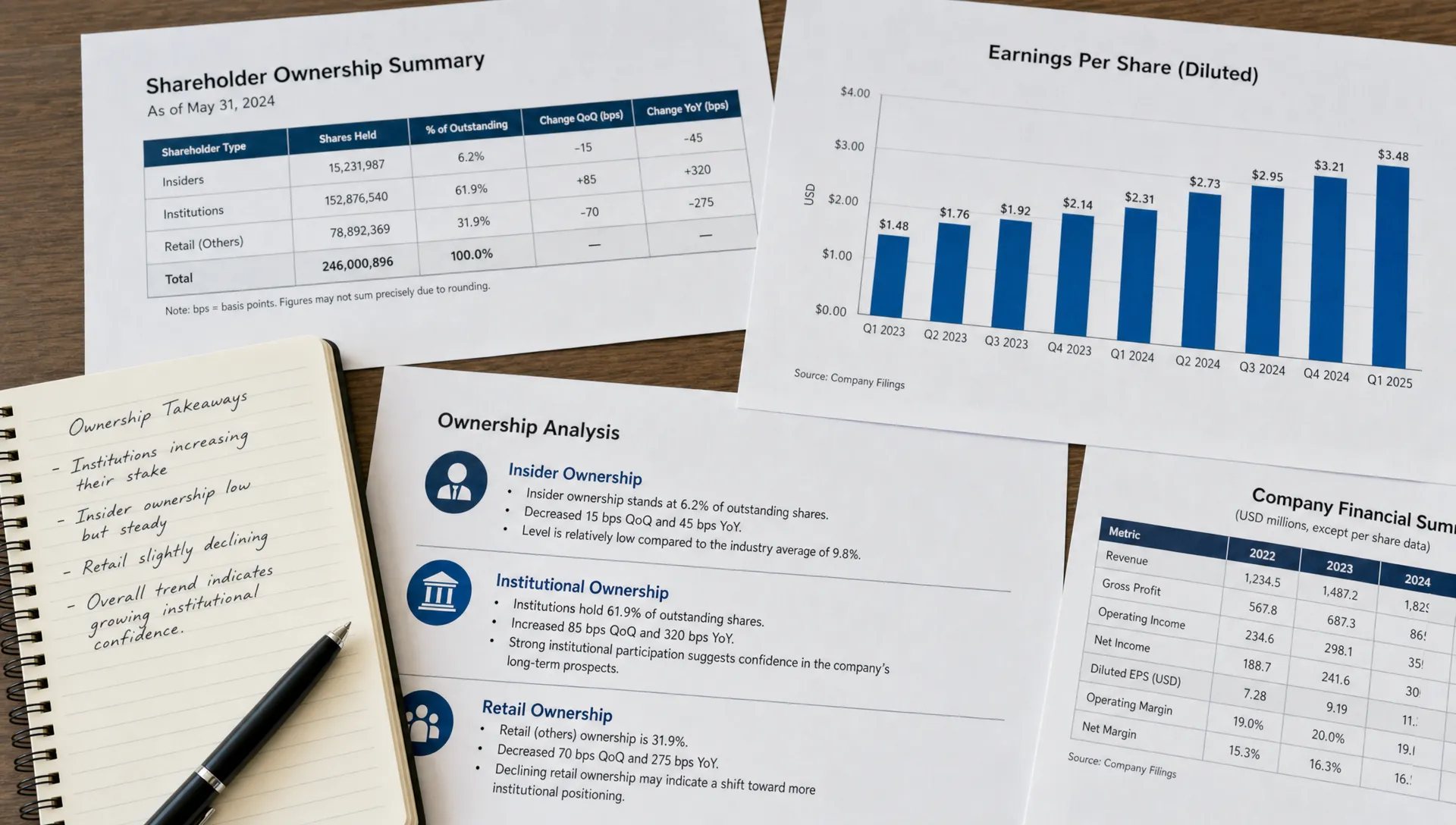 Printed investment research materials spread on a table, including a shareholder ownership table, a per-share earnings chart, and notes comparing insider, institutional, and retail ownership.