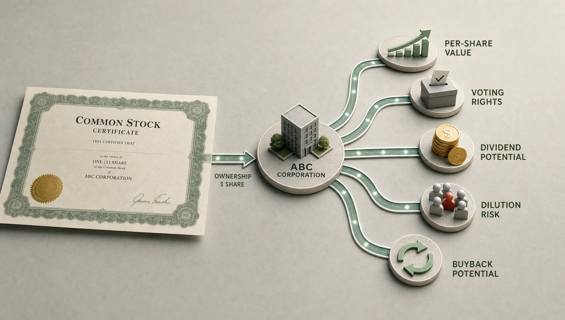 A wide conceptual scene of a single stock certificate transforming into a branching ownership claim map, with one central company icon connected to per-share value, voting rights, dividend potential, dilution risk, and buyback arrows arranged across a clean neutral surface. No people are present; the composition should feel analytical and symbolic, with ownership and per-share economics as the hero idea rather than a desk, office, or dashboard.