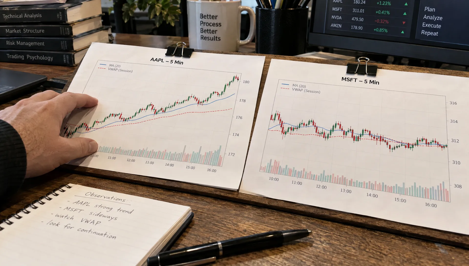 Two printed candlestick charts compare a rising session with a sideways one, each marked with a moving average and session VWAP.