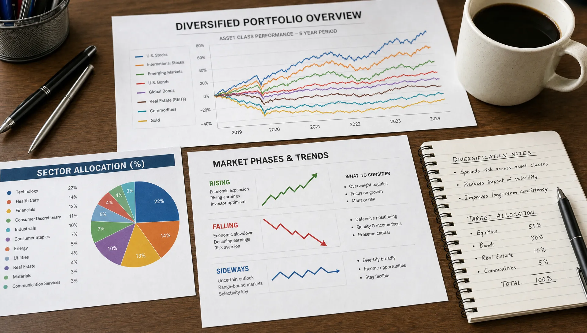 A diversified investing table with printed market charts, sector allocation notes, and colored trend lines showing different asset classes moving through rising, falling, and sideways phases.
