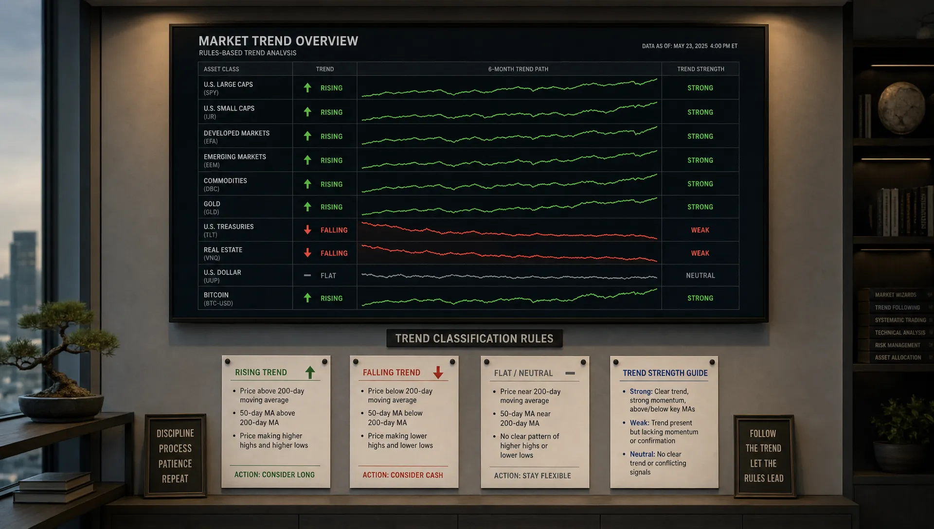 A wide scene inside a market data room showing a large wall display with several asset classes mapped as rising, falling, and flat trend paths, plus a few physical comparison cards pinned below it to suggest a rules-based trend review. No people are present; the composition is structured and analytical, with the room itself as the focal environment rather than a desk or portfolio dashboard.