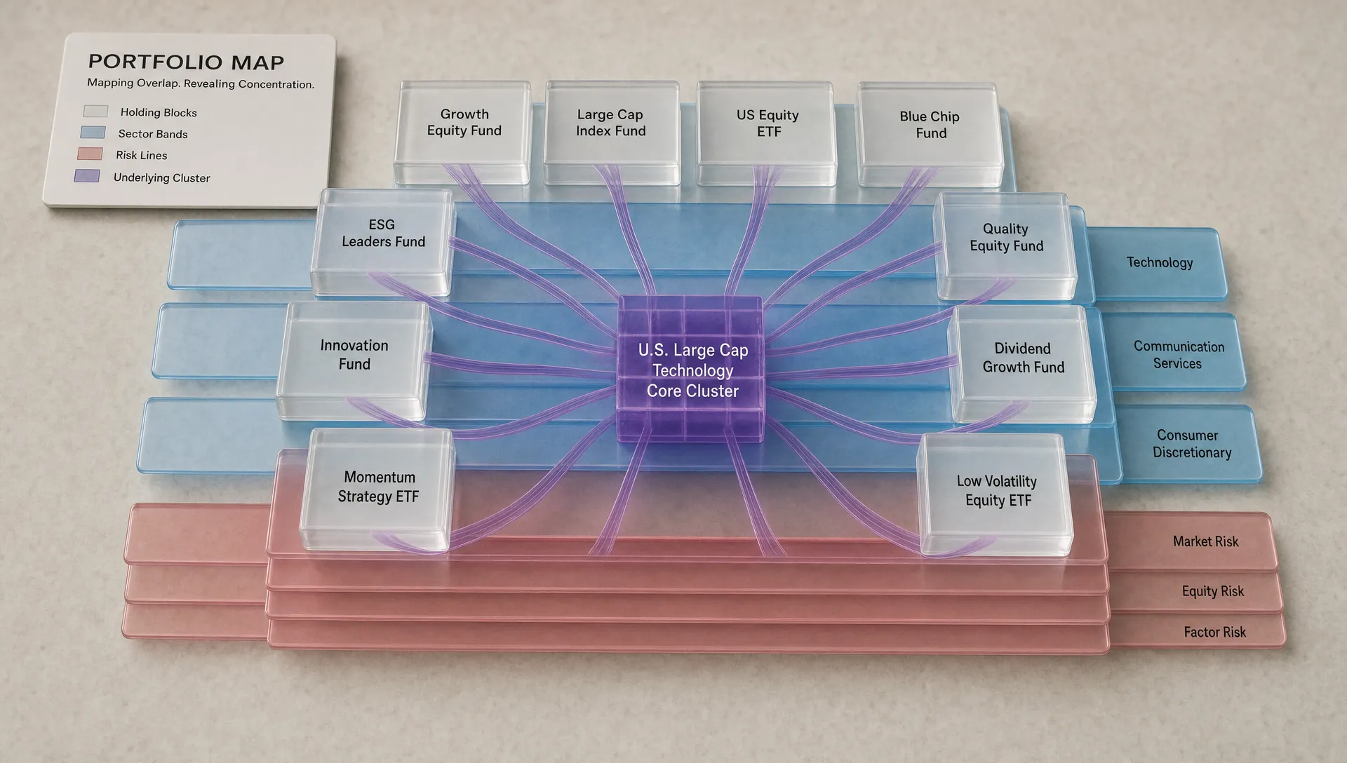 A landscape-format conceptual scene centered on a translucent portfolio map made of overlapping holding blocks, sector bands, and risk lines, with several duplicated market exposures visually converging into the same underlying cluster to represent hidden concentration and overlap. The setting is a clean editorial tabletop with no people, and the composition feels analytical and symbolic rather than like a desk review or screen-based dashboard.