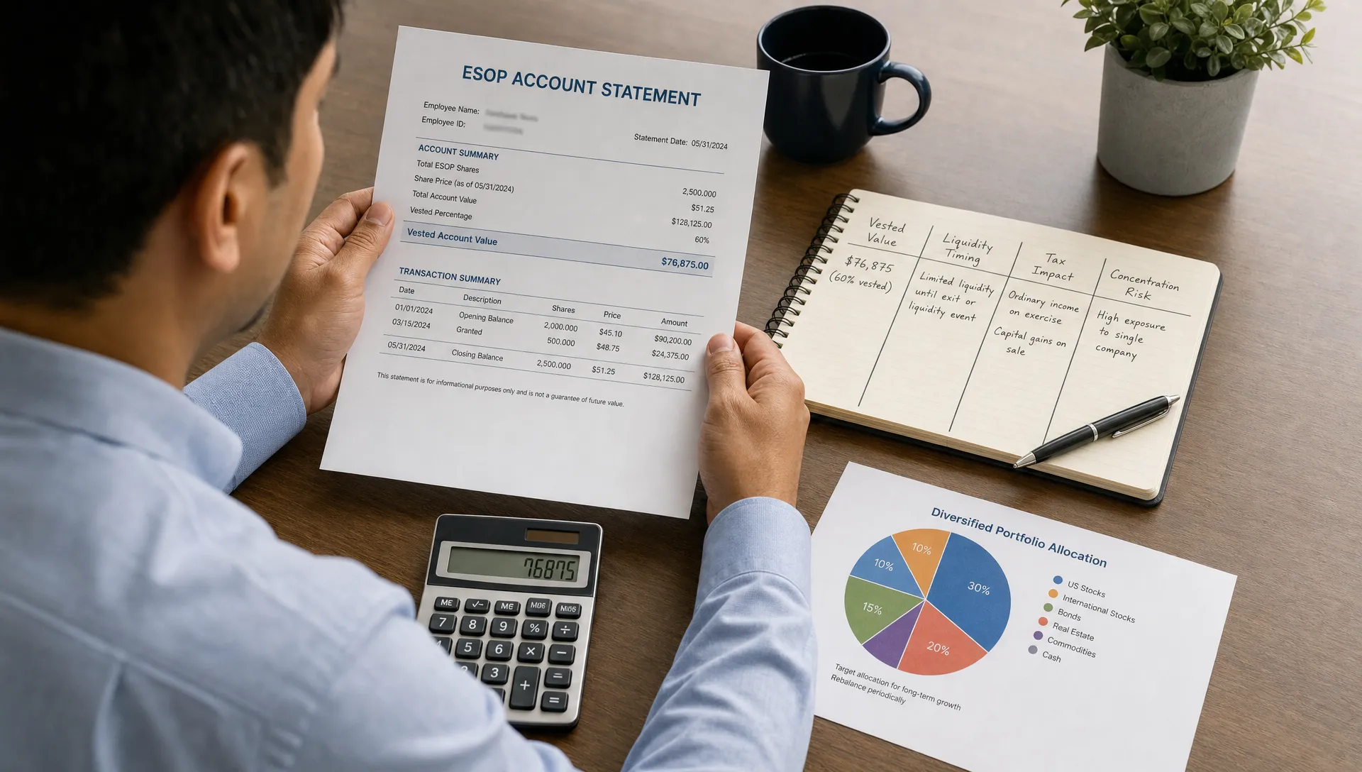 An adult employee reviewing an ESOP account statement beside a notebook with columns for vested value, liquidity timing, tax impact, and concentration risk. A simple calculator and diversified portfolio chart are visible on the desk.