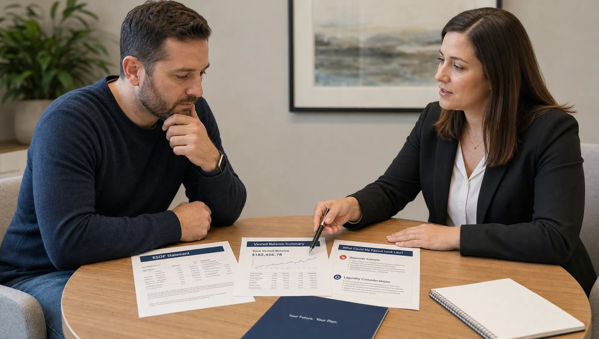A landscape medium shot at eye level of an adult employee and a benefits advisor seated across a small table, reviewing an ESOP statement, a vested balance summary, and a simple scenario sheet with downside and liquidity notes spread between them. The employee’s posture suggests careful consideration, and the background stays quiet and uncluttered so the planning conversation is the focus.