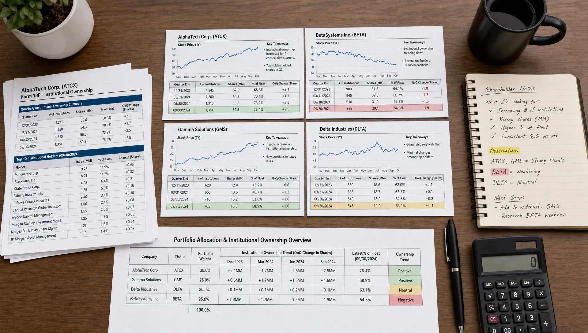 A clean office table with printed quarterly ownership filings, stock charts, highlighted shareholder notes, and a simple portfolio allocation sheet showing how an investor compares institutional ownership trends across several companies.