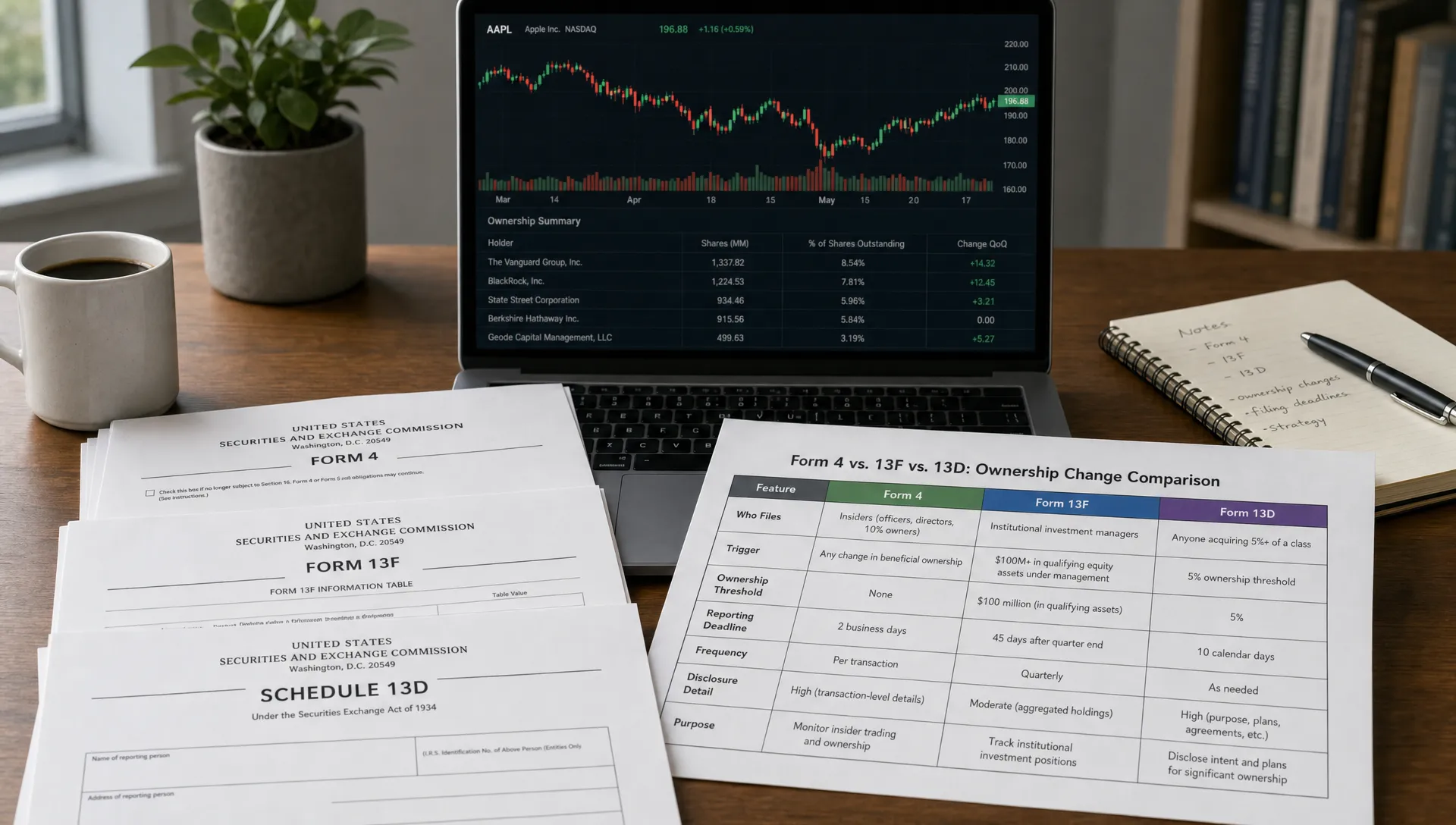 A desk setup shows SEC filings, a stock chart and a table comparing ownership changes across Form 4, 13F and 13D.