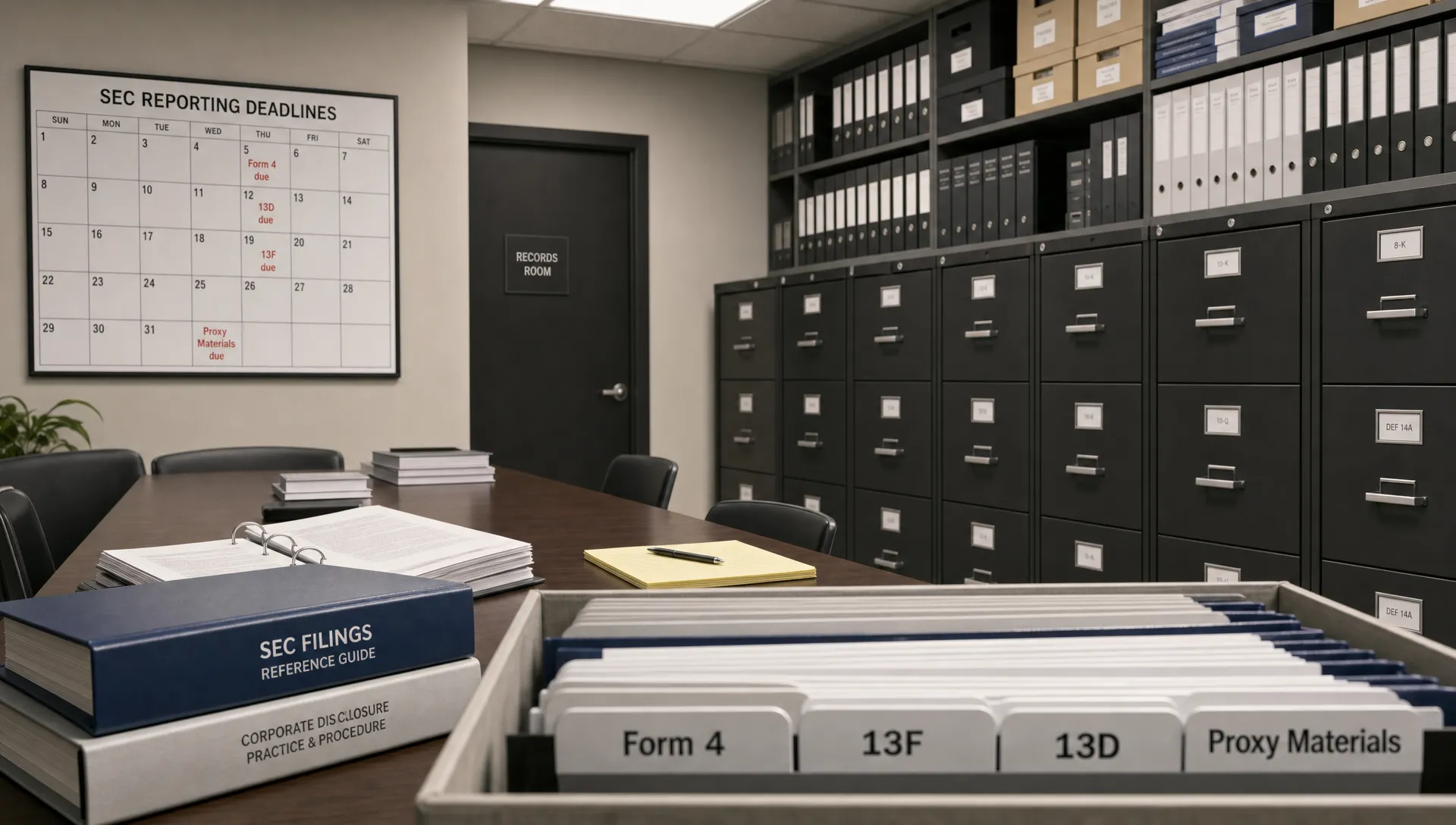 A records room displays SEC filing binders, calendars and ownership research materials.