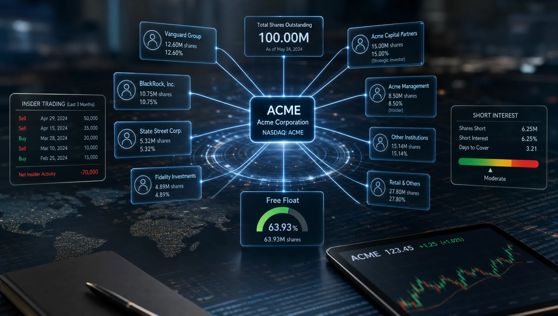 A landscape conceptual scene of a transparent ownership network hovering above a dark trading surface, with one stock at the center connected to labeled holders, a free-float gauge, insider trade markers, and a short-interest bar so the viewer can read who owns the company and how concentrated that ownership is. No people are present; the composition feels analytical and symbolic, with a single hero focal point and a clean financial context.