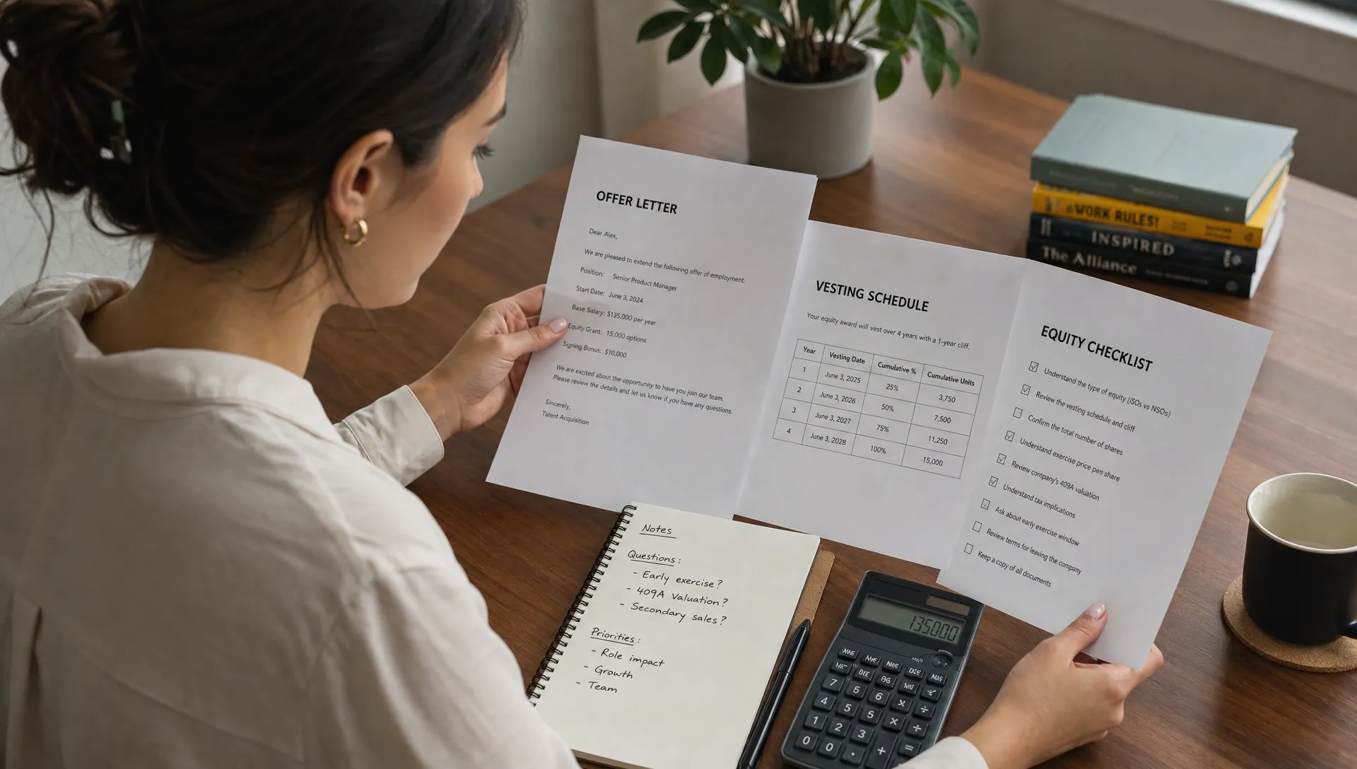 A job candidate reviews an offer letter, vesting schedule, and equity checklist at a desk with a calculator and notes.