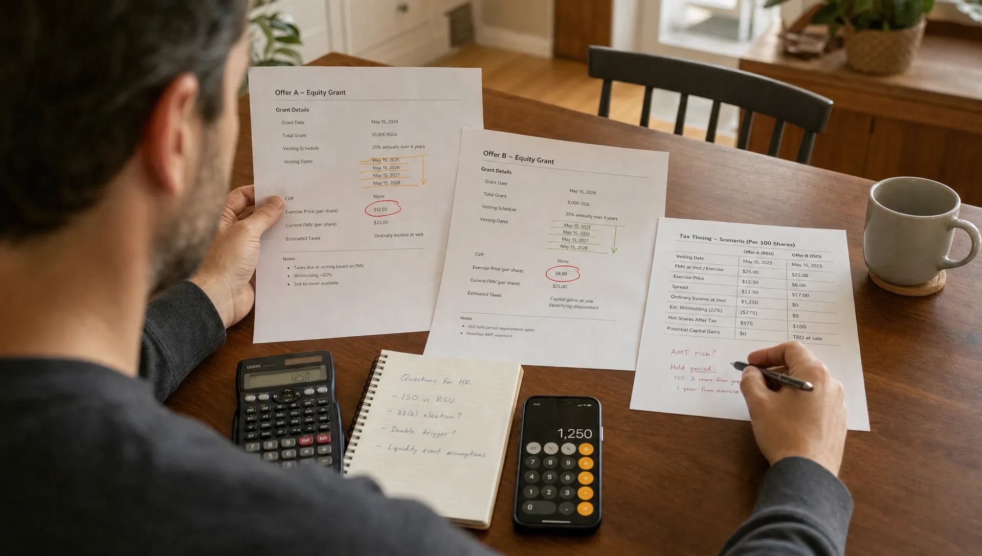 An adult compares two employee stock offers while marking vesting dates and exercise costs.