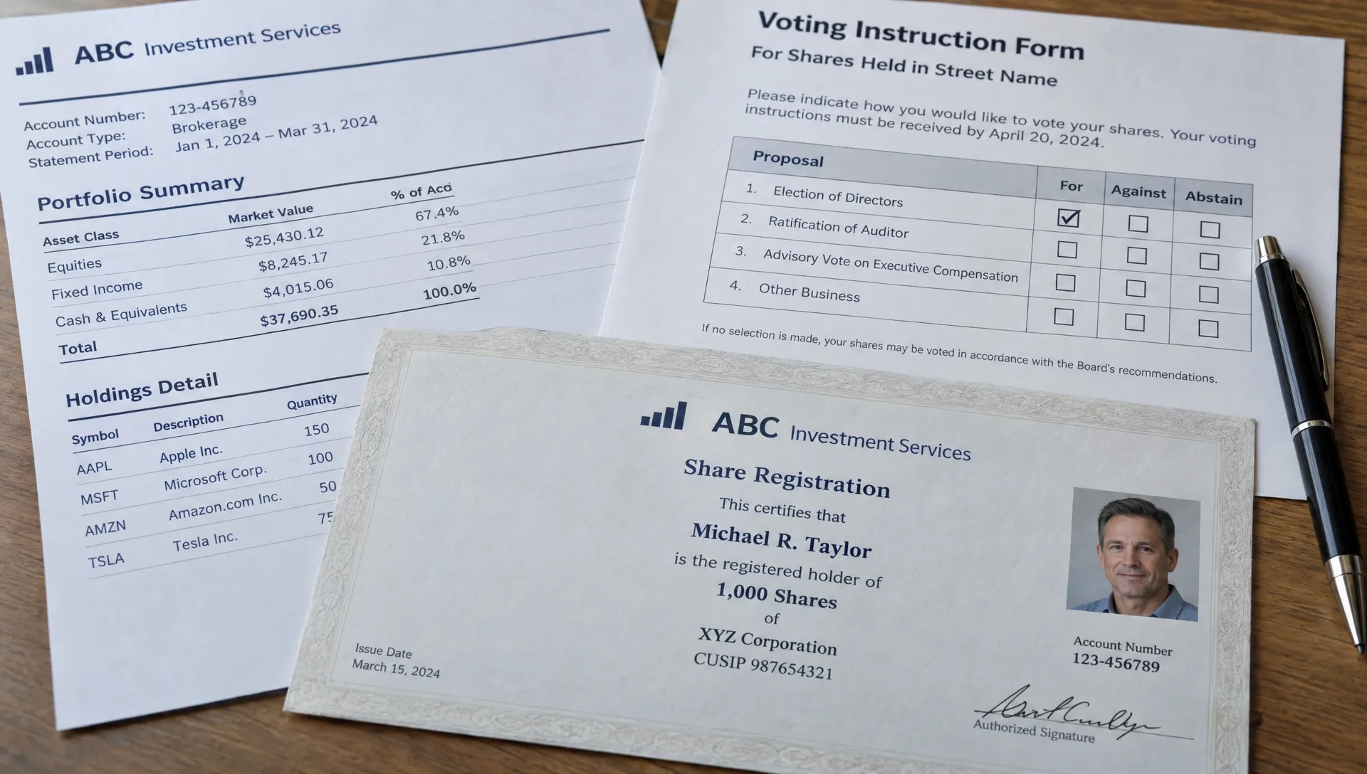 A nominee appears as registered holder on a document beside a brokerage statement and voting instruction form, showing an investor's beneficial ownership of shares.
