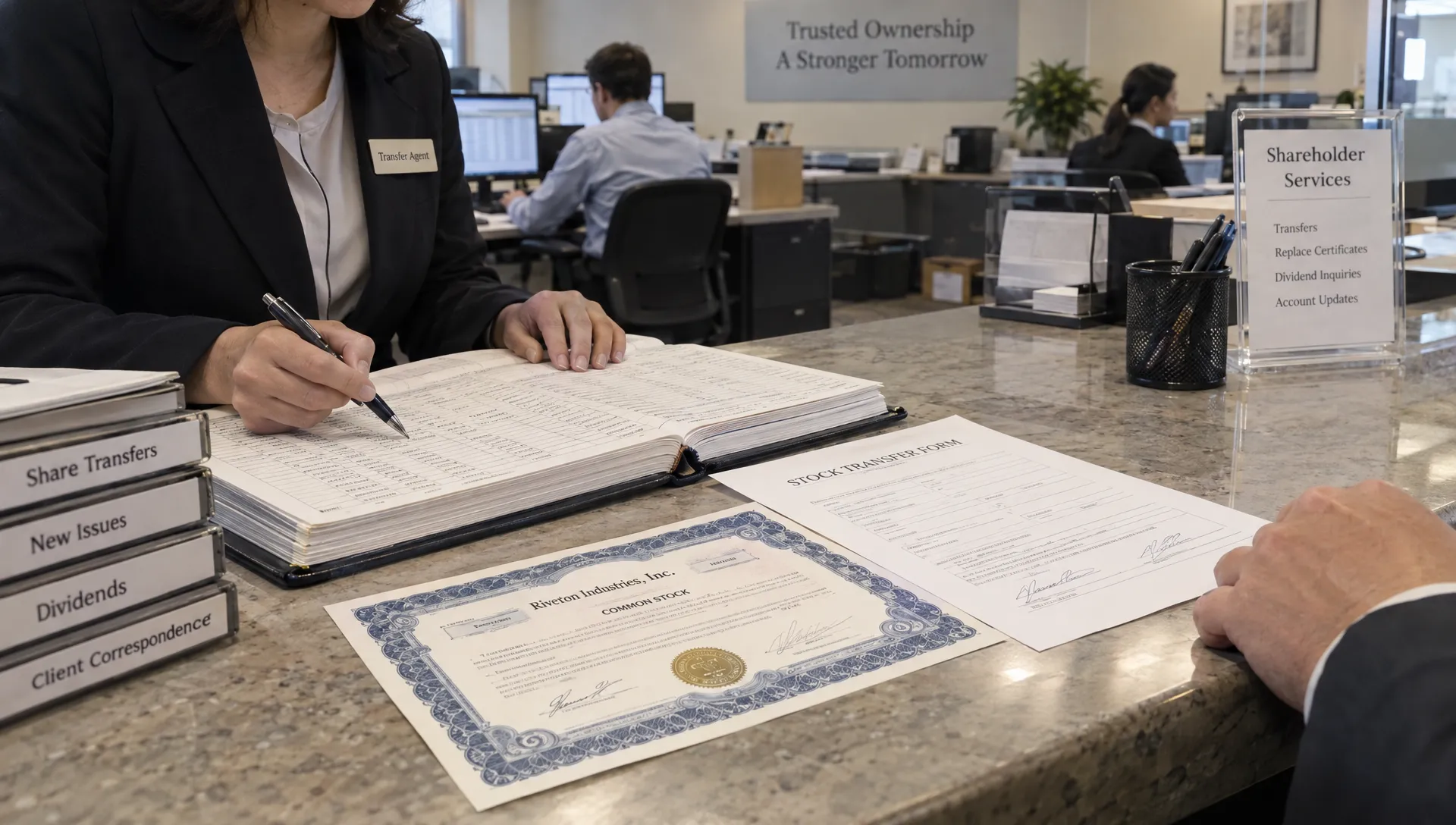 A transfer agent checks a share certificate against a shareholder register, showing how registered ownership differs from an investor’s beneficial interest.