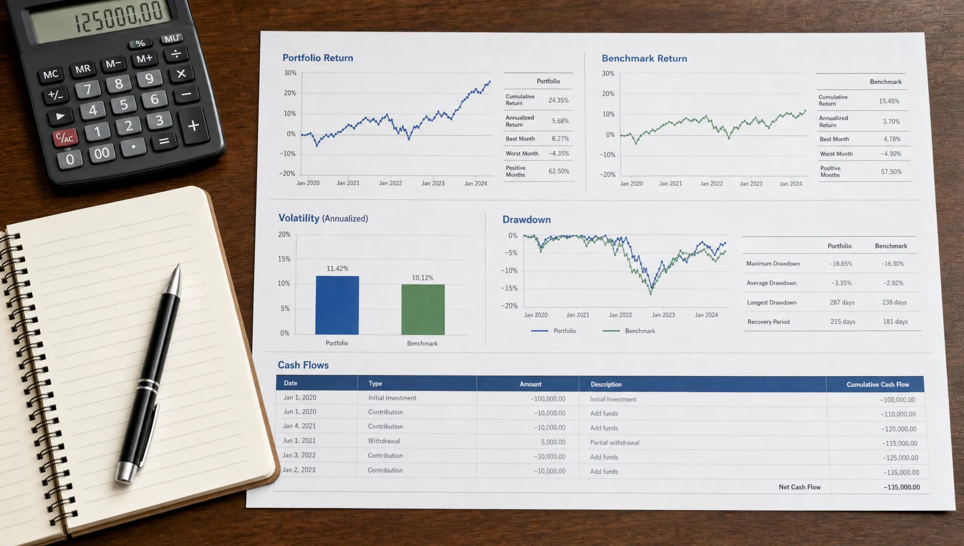 A notebook and calculator sit beside charts for portfolio return, benchmark return, volatility, drawdown, and cash flows.